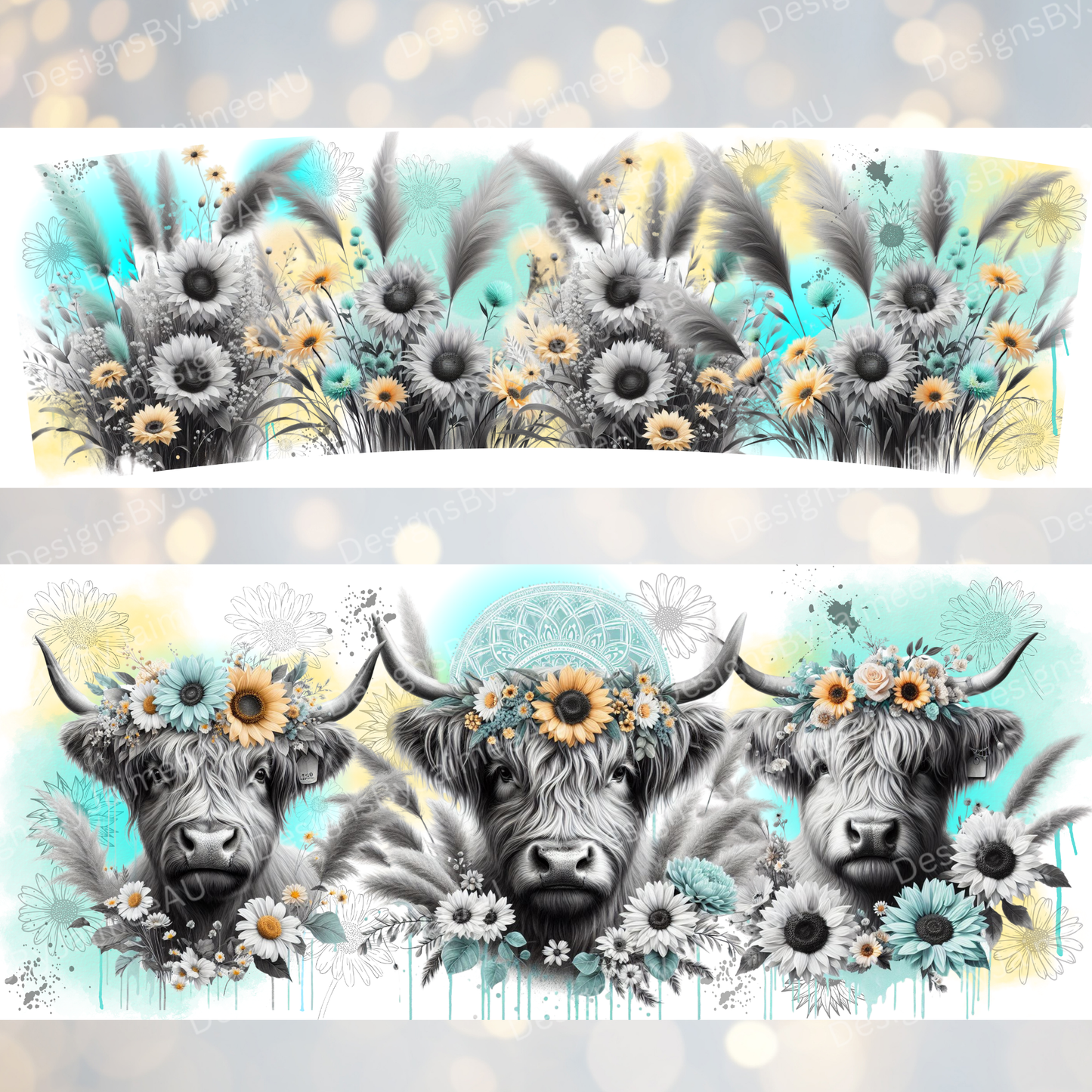 Black and White Highland Cows - Aqua and Yellows - Digital 30oz Sublimation Tumbler Wrap