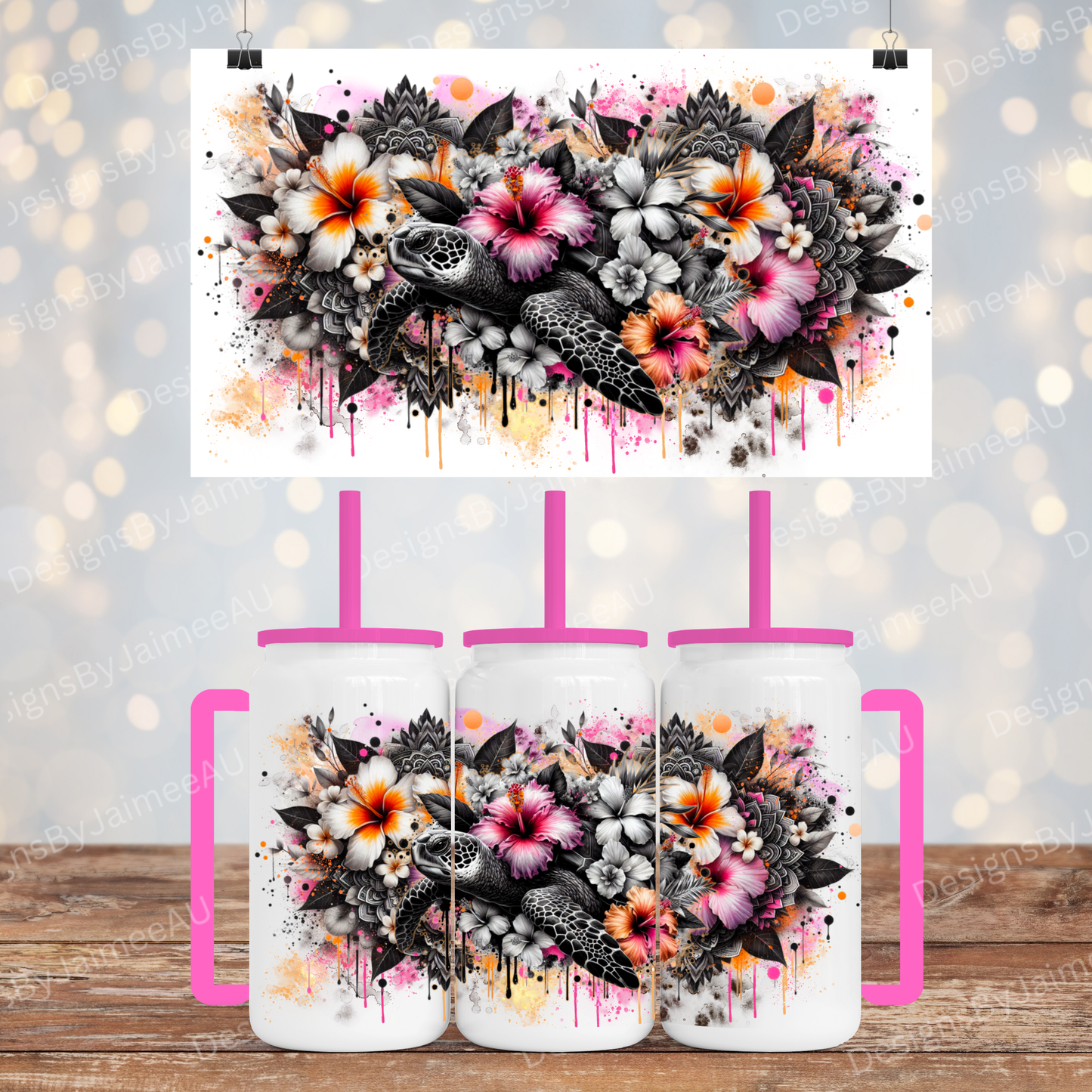 Black and White Turtle with hints of Pink and Orange - Digital 16oz LIbby Tumbler with Handle Sublimation Design