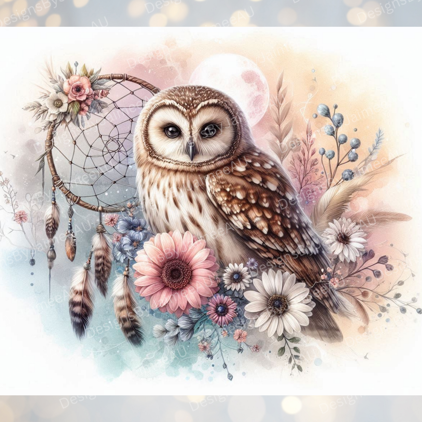 Soft Pastel watercolour Owl With Flowers and Dream Catcher Digital 20oz Sublimation Tumbler Wrap