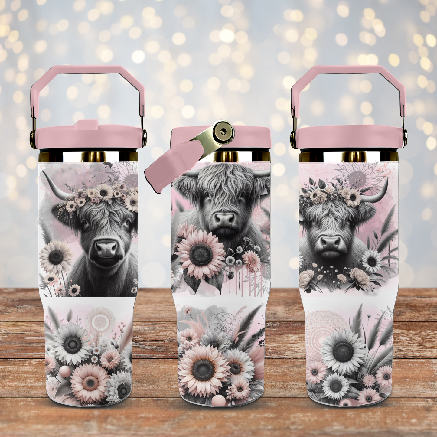 Black and White Highland Cows - Pastel Pink - Digital 30oz Sublimation Tumbler Wrap