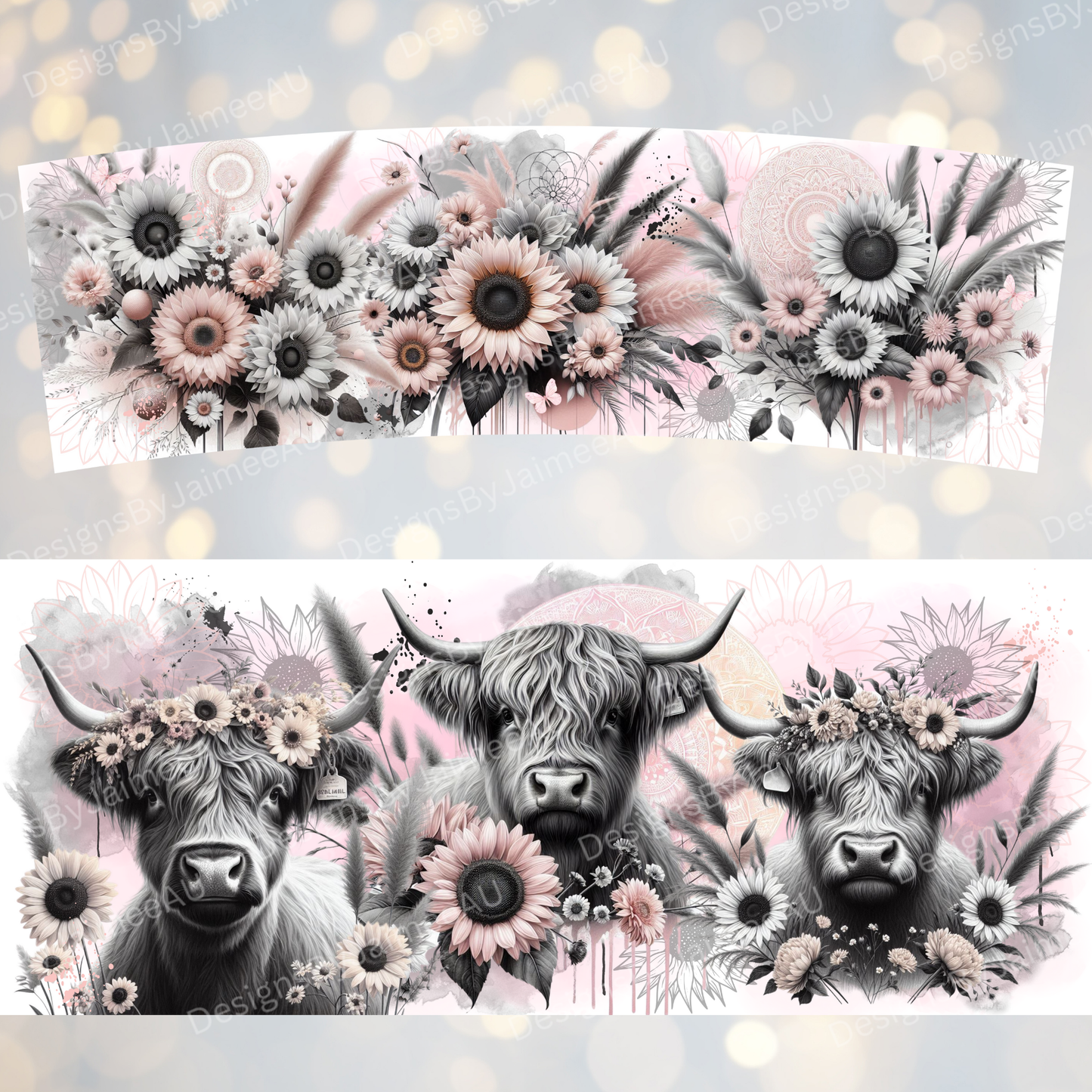 Black and White Highland Cows - Pastel Pink - Digital 30oz Sublimation Tumbler Wrap