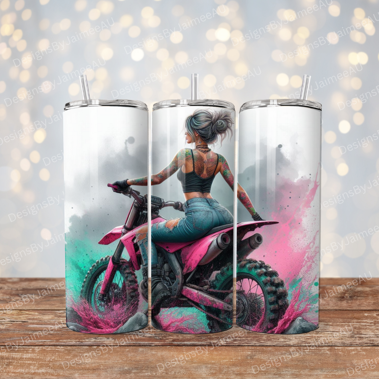 Pink and Aqua Watercolour Dirt Bike Digital 20oz Sublimation Tumbler Wrap