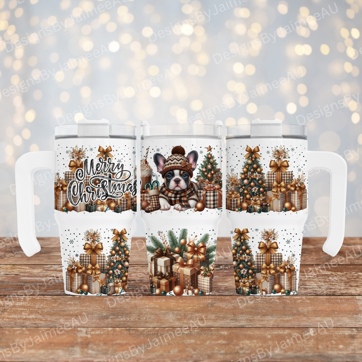 Copper Christmas Frenchie - Digital 20oz Tumbler with Handle Wrap Design
