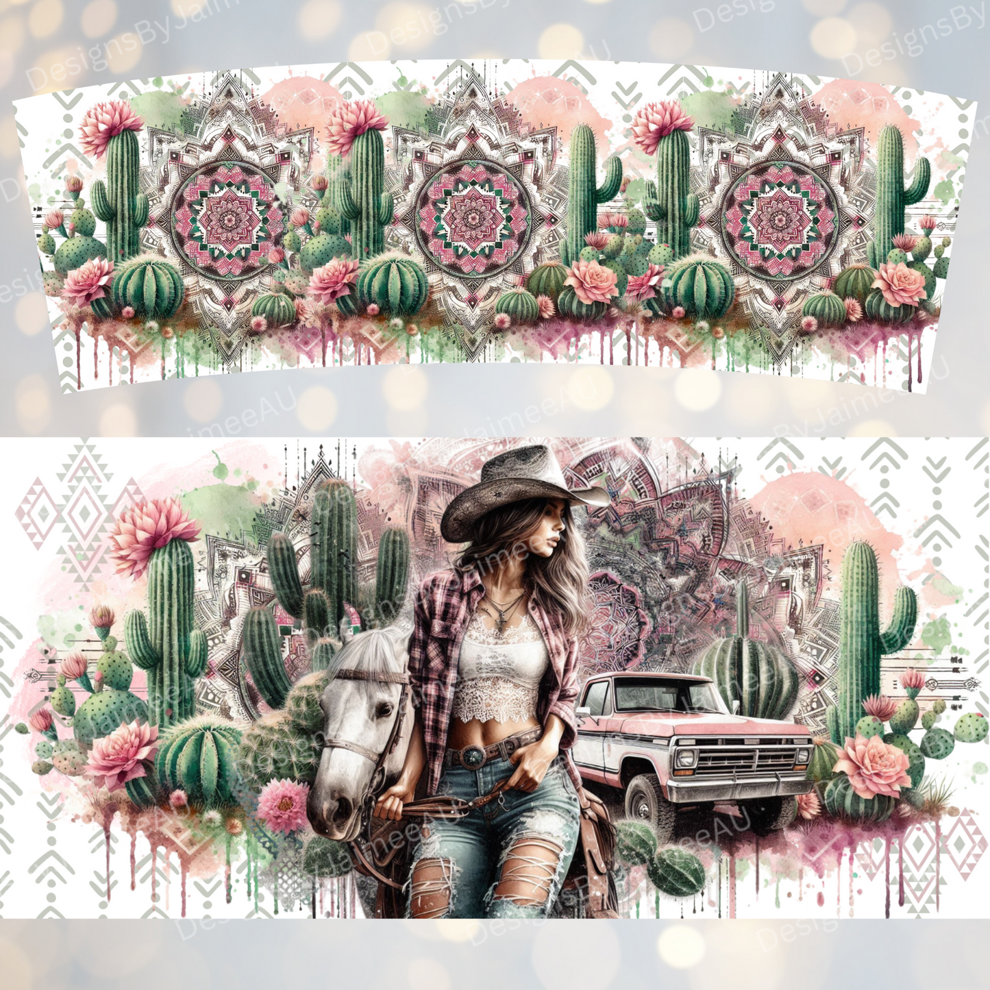 Pink and Green Watercolour Cowgirl 40oz Digital Sublimation Tumbler Wrap