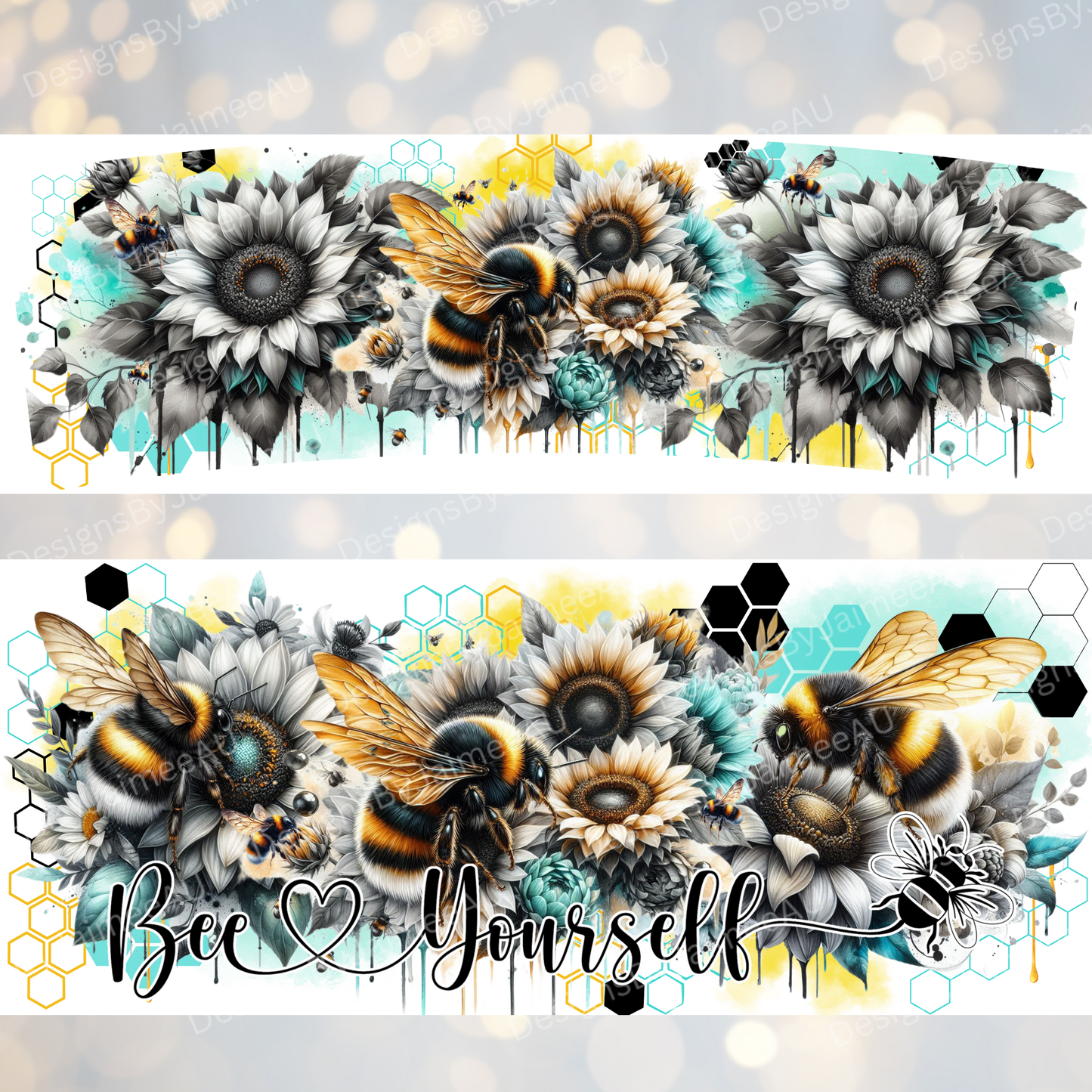 Bee Yourself - Aqua and Yellows - Digital 30oz Sublimation Tumbler Wrap