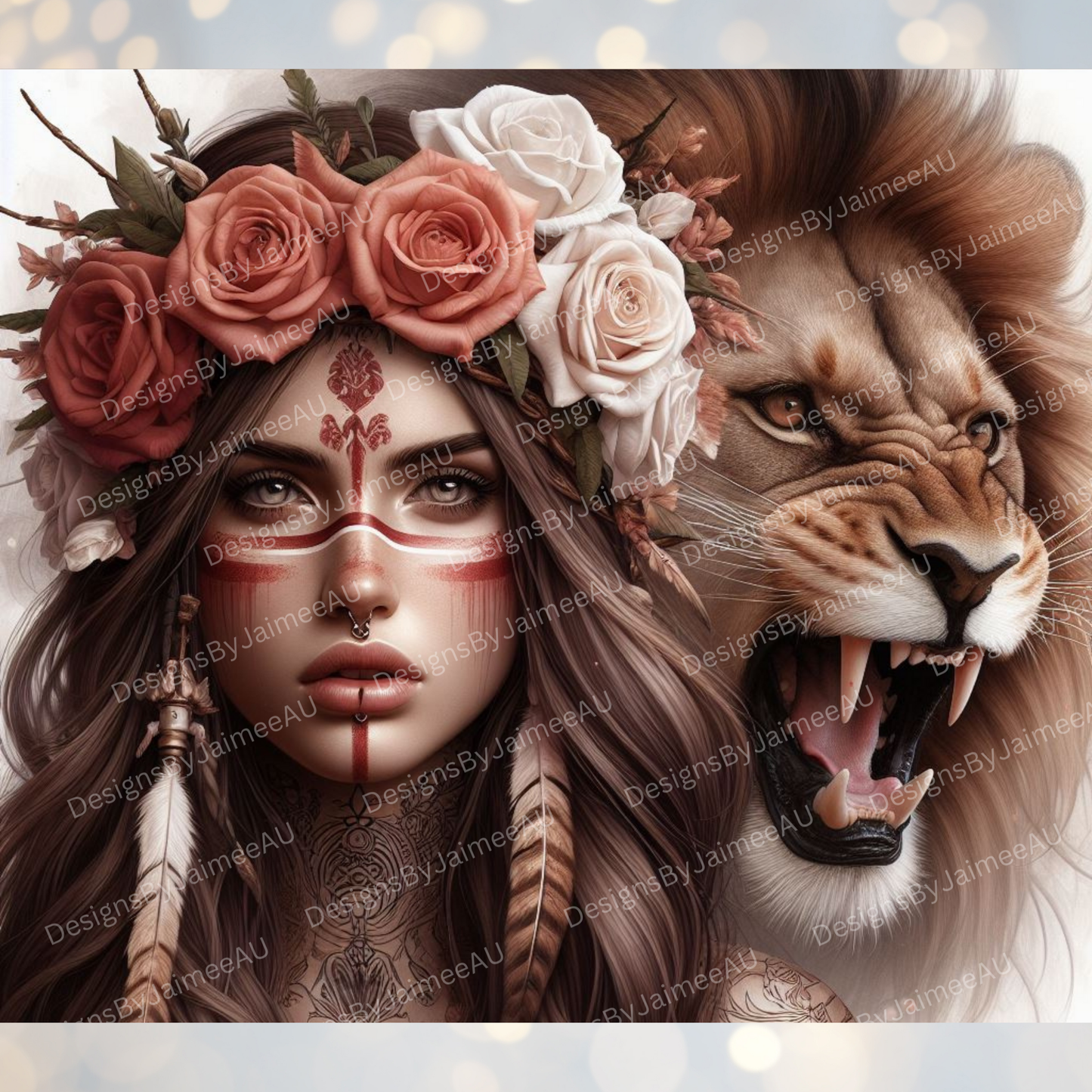 Earthy Roaring Lion and Warrior Woman, Flower Crown Digital 20oz Sublimation Tumbler Wrap