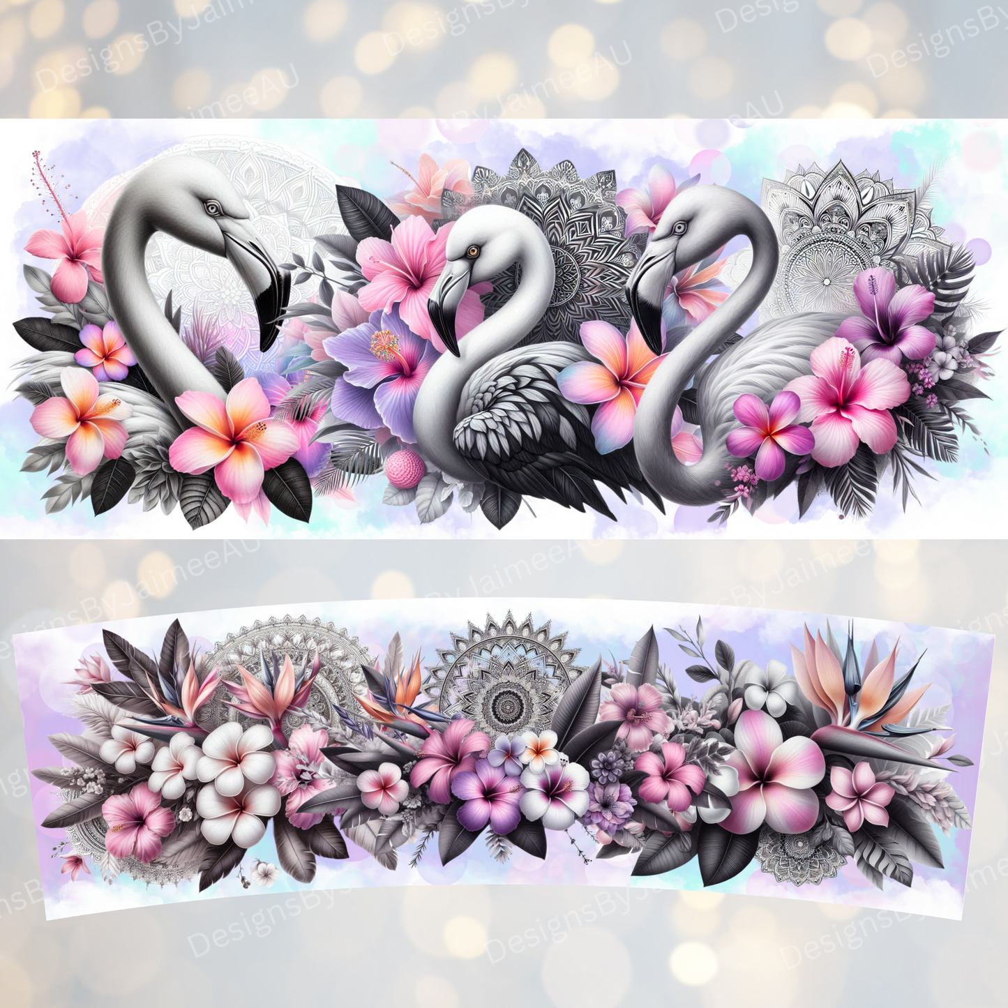 Black and White Flamingos with Pops of Pastels- Digital 30oz Sublimation Tumbler Wrap