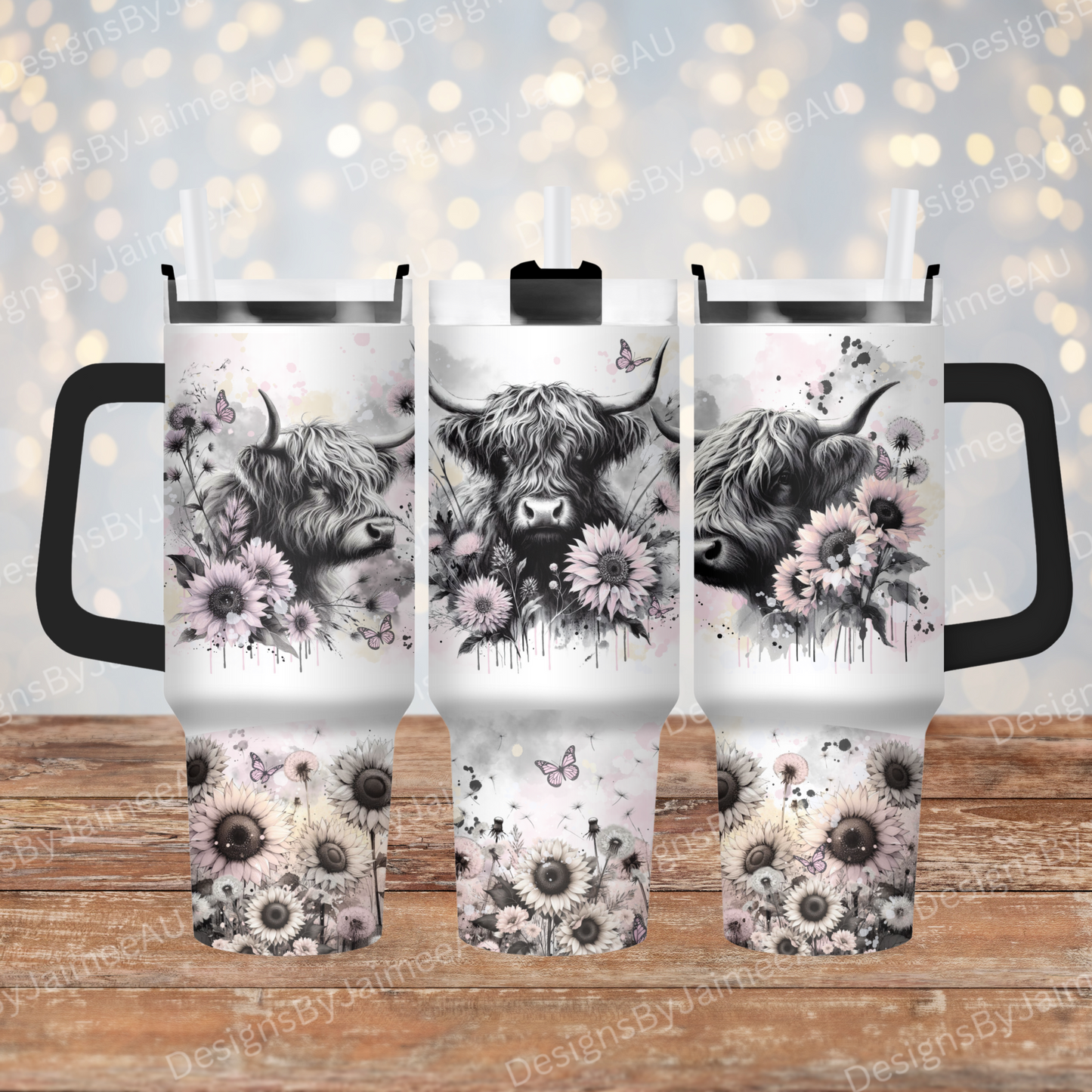 Black and White Highland Cows, Pops of Pink Watercolours - 40oz Digital Sublimation FULL Tumbler Wrap