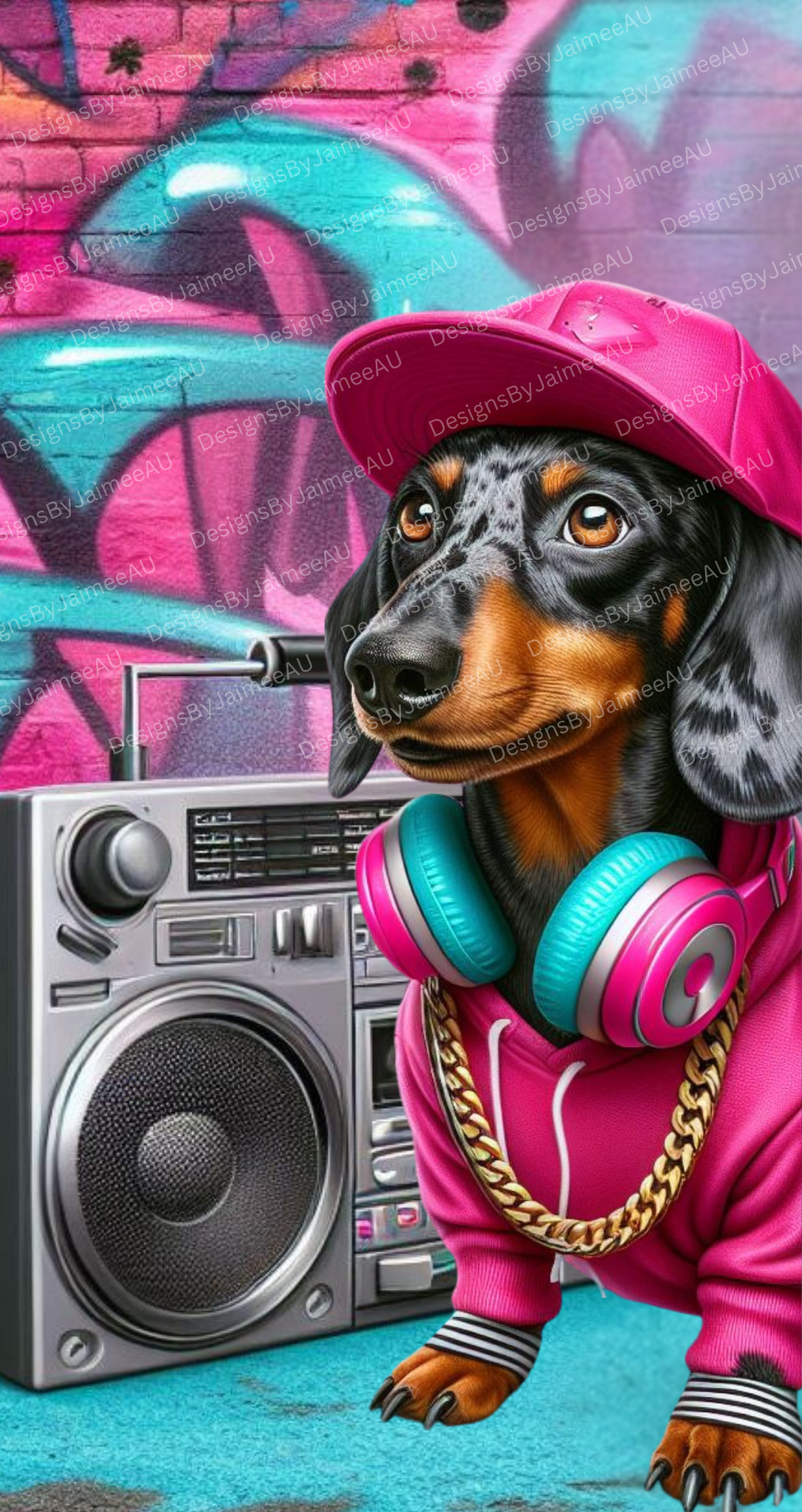 Hip Hop Dachshund #1 Pink/Aqua Digital Phone Case Design