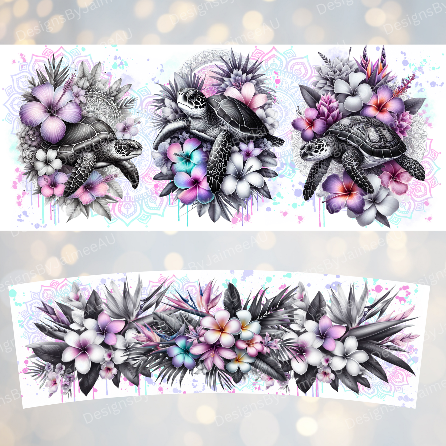 Black and White Turtles with Pops of Pastels- Digital 30oz Sublimation Tumbler Wrap