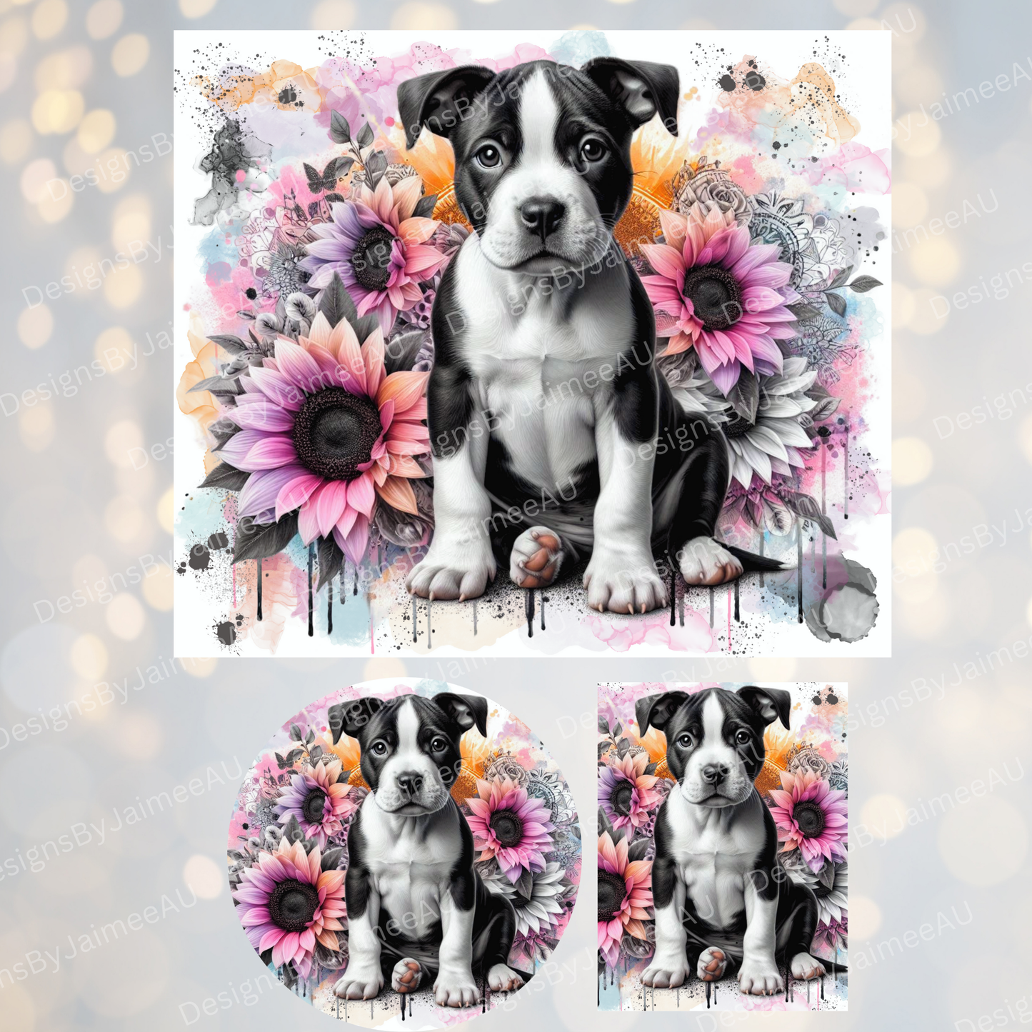 Pastel Watercolour Staffy - Sunflowers Set - Includes Digital 20oz Sublimation Tumbler Wrap, Car Coaster and Air Freshener Designs