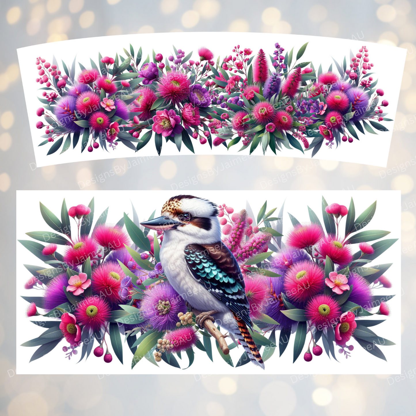 Kookaburra with Pink and Purple Australian Native Flowers 40oz Digital Sublimation Tumbler Wrap