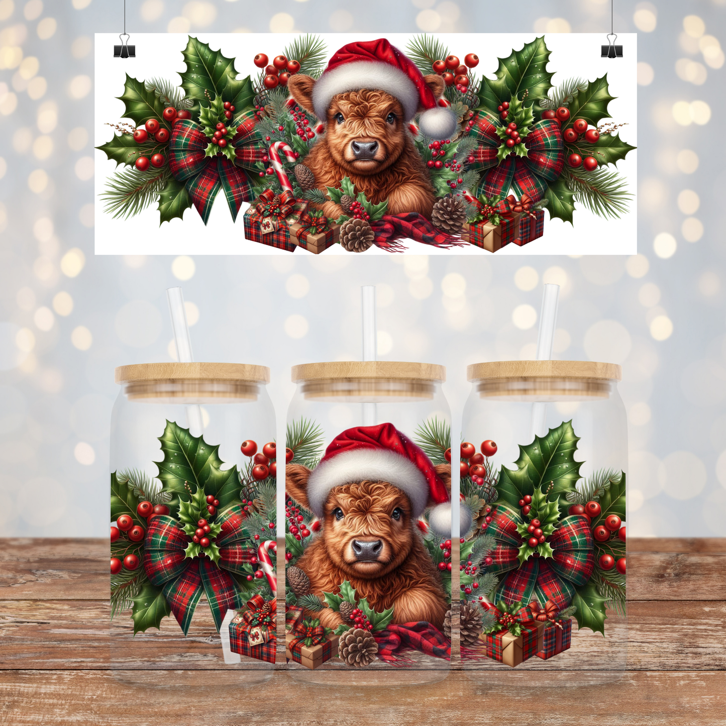 Christmas Highland Cow 16oz UV DTF Transfer Wrap PNG Image