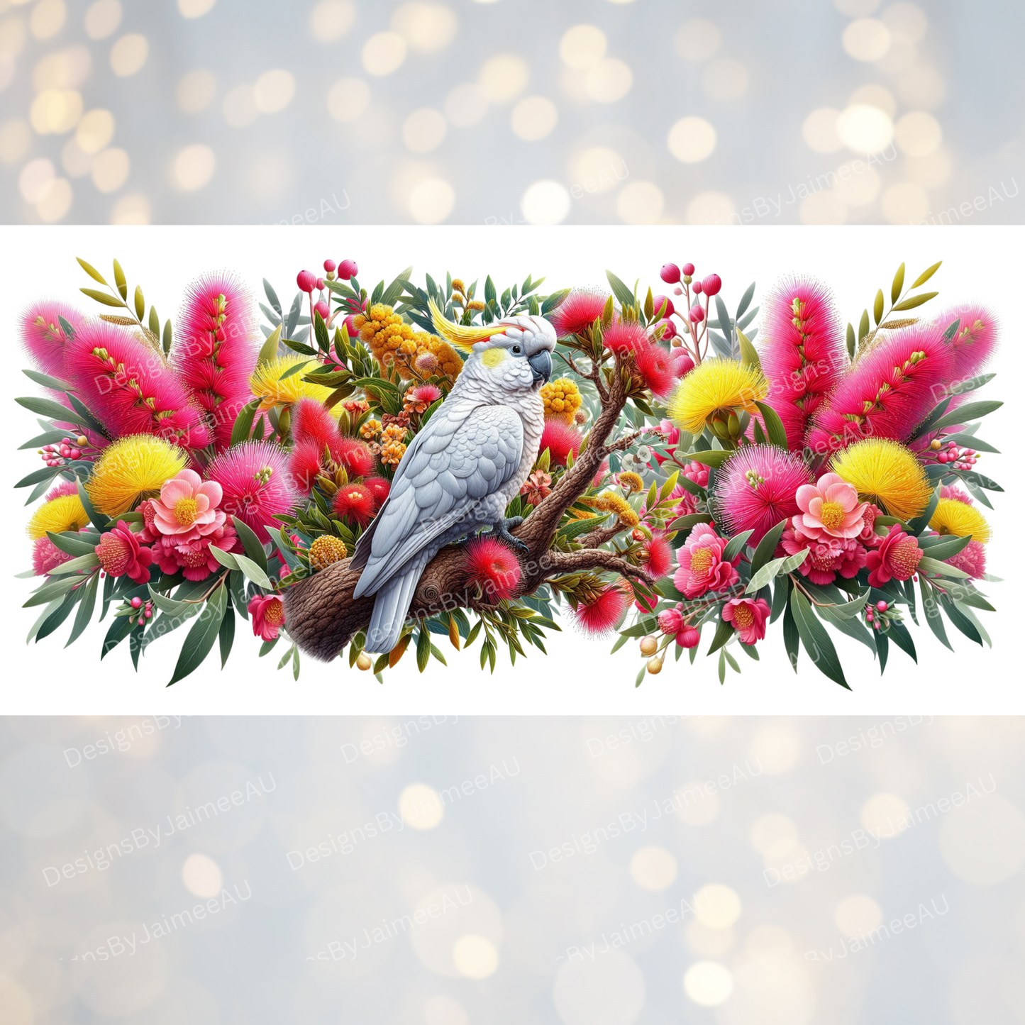 Cockatoo and Aussie Native Flowers Digital Download 16oz UV DTF Transfer Wrap PNG Image