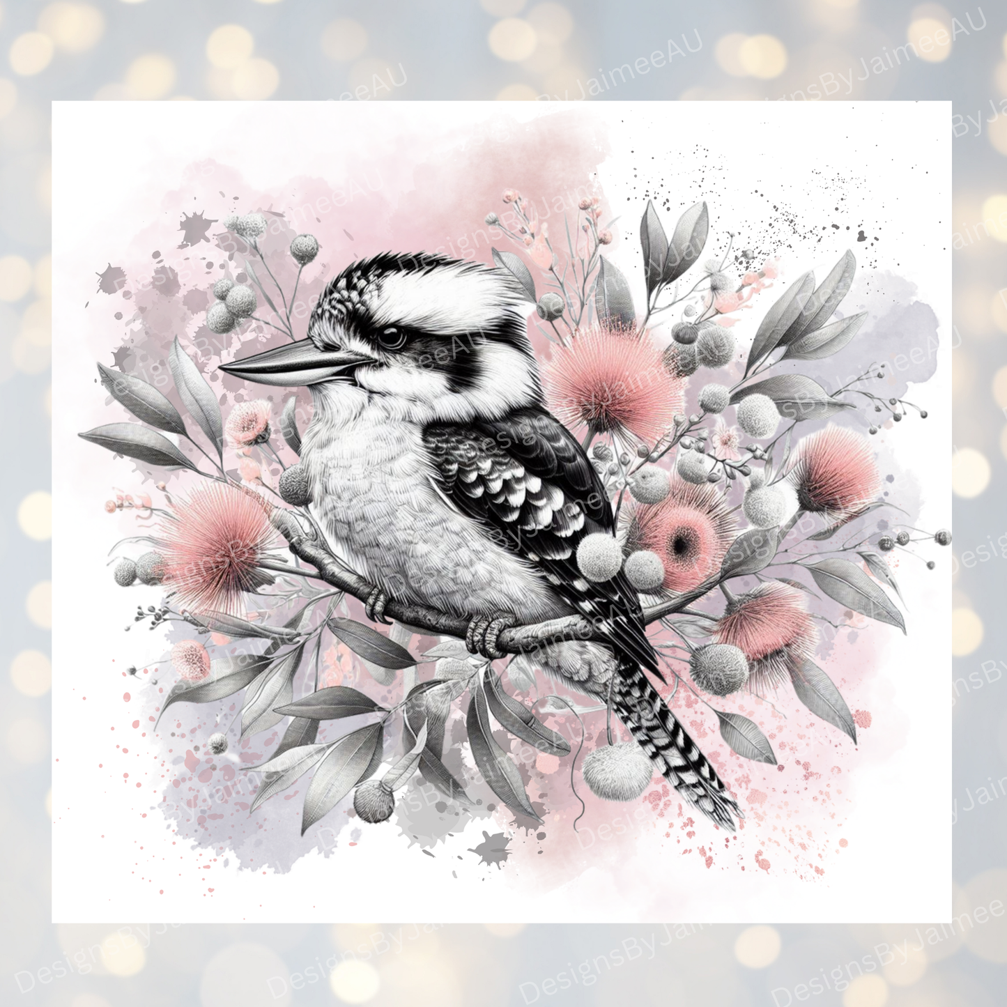 Black and White Kookaburra - Pastel pink themed - Digital 20oz Sublimation Tumbler Wrap