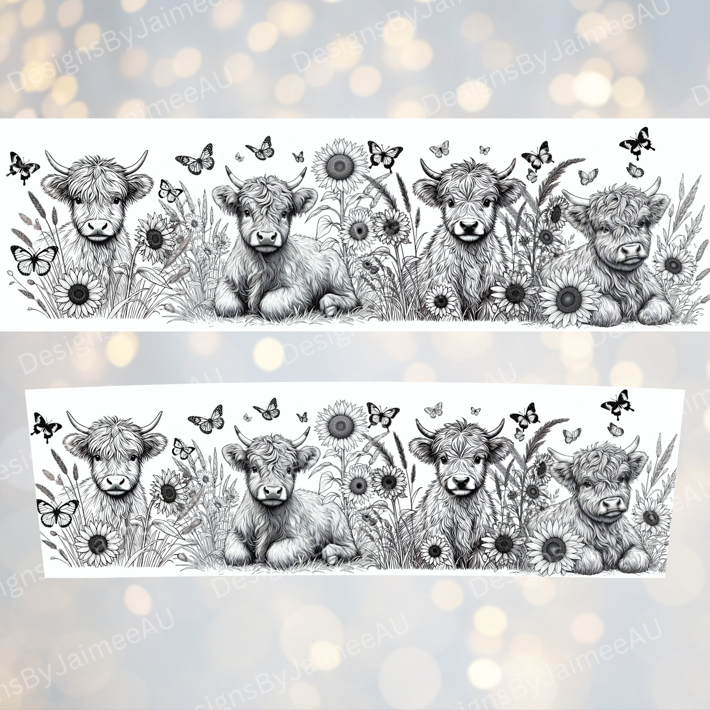 Highland Cows -Black and White Line Drawing- Digital 20oz Tumbler with Handle Wrap Design