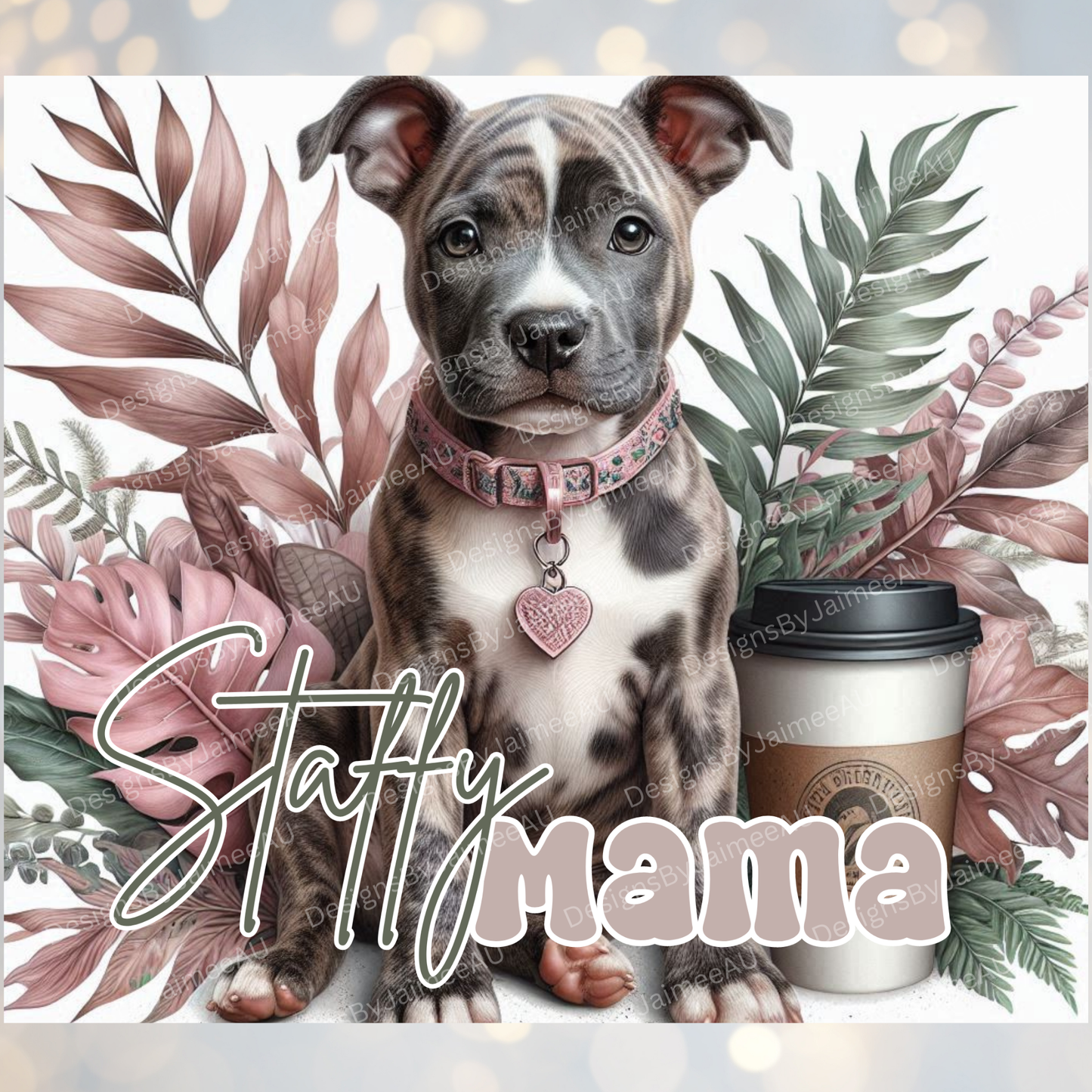 Merle "Staffy Mama" (Staffordshire Bull Terrier" Dusty Pink and Sage Green Tropical Digital 20oz Sublimation Tumbler Wrap
