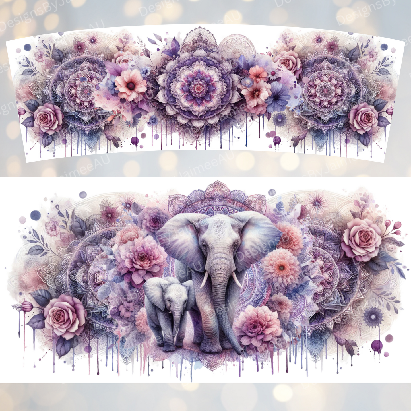 Purple Watercolour Floral Mama and Babies Elephants 40oz Digital Sublimation Tumbler Wrap