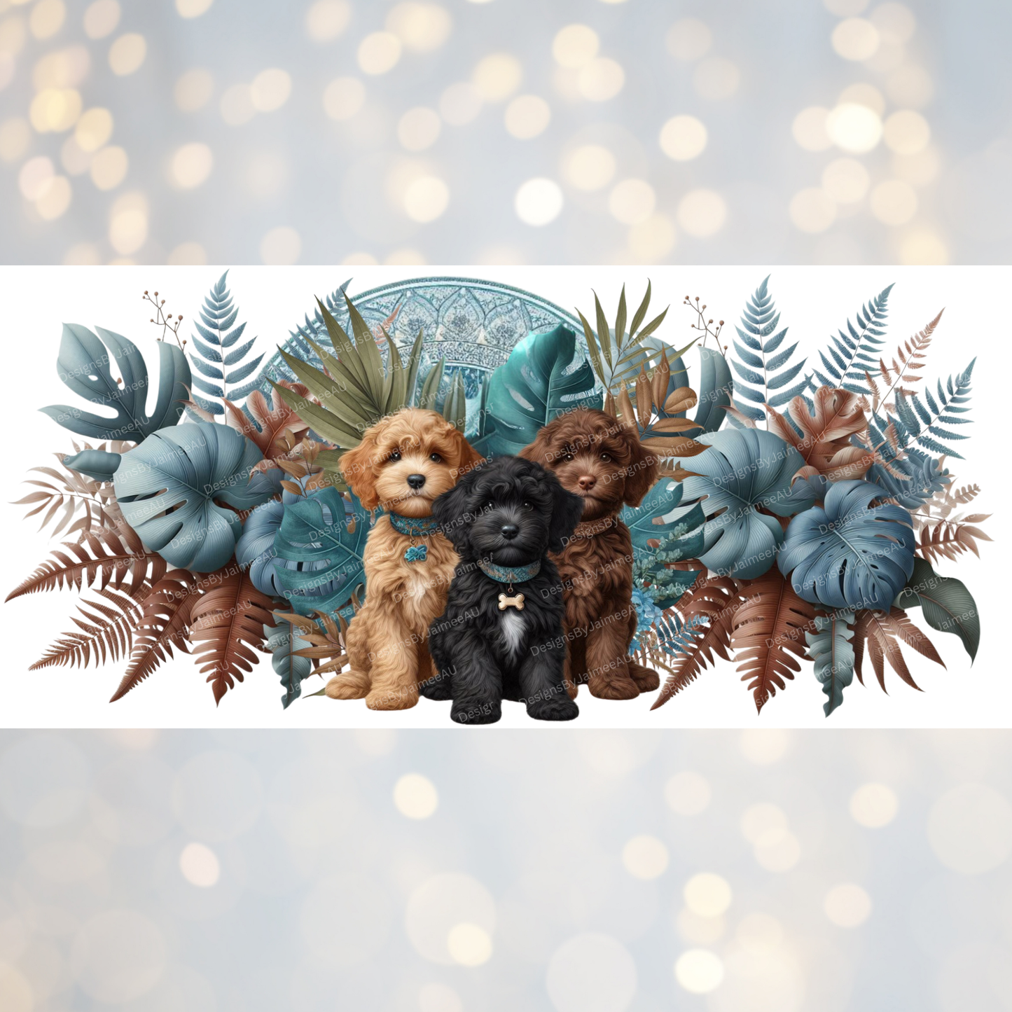 3 Multicolour Cavoodle Puppies, Chocolate, Apricot, Black - Tropical Teal Earthy Vibes Digital Download 16oz UV DTF Transfer Wrap PNG Image