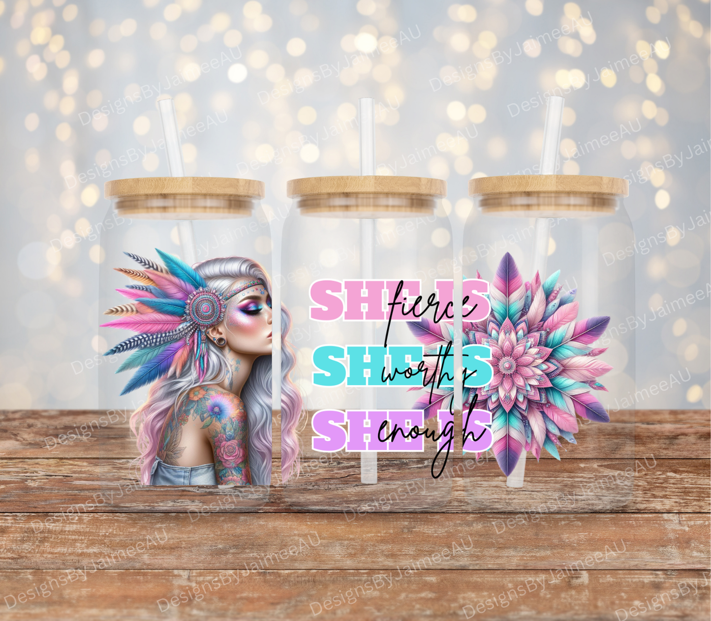 She is "Fierce, Worthy, Enough" Pastel Digital Download 16oz UV DTF Transfer Wrap PNG Image