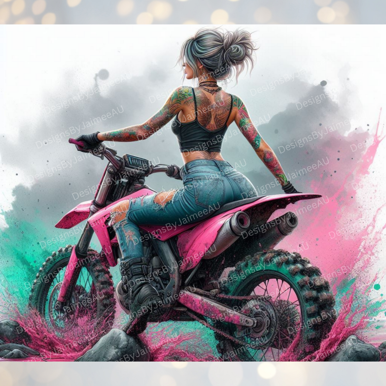 Pink and Aqua Watercolour Dirt Bike Digital 20oz Sublimation Tumbler Wrap