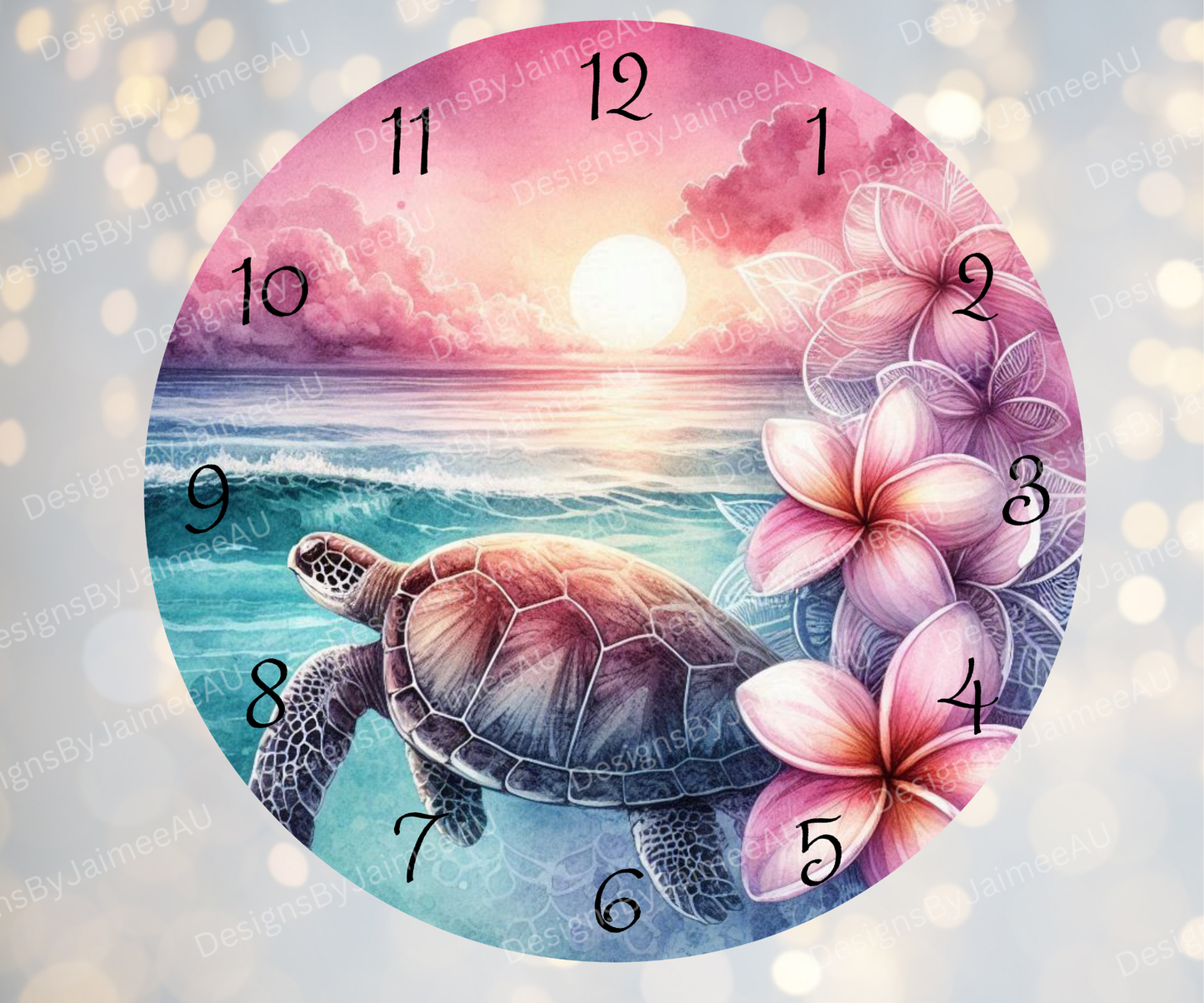 Pink and Aqua Sunset Turtles #1 Digital Sublimation Clock Design