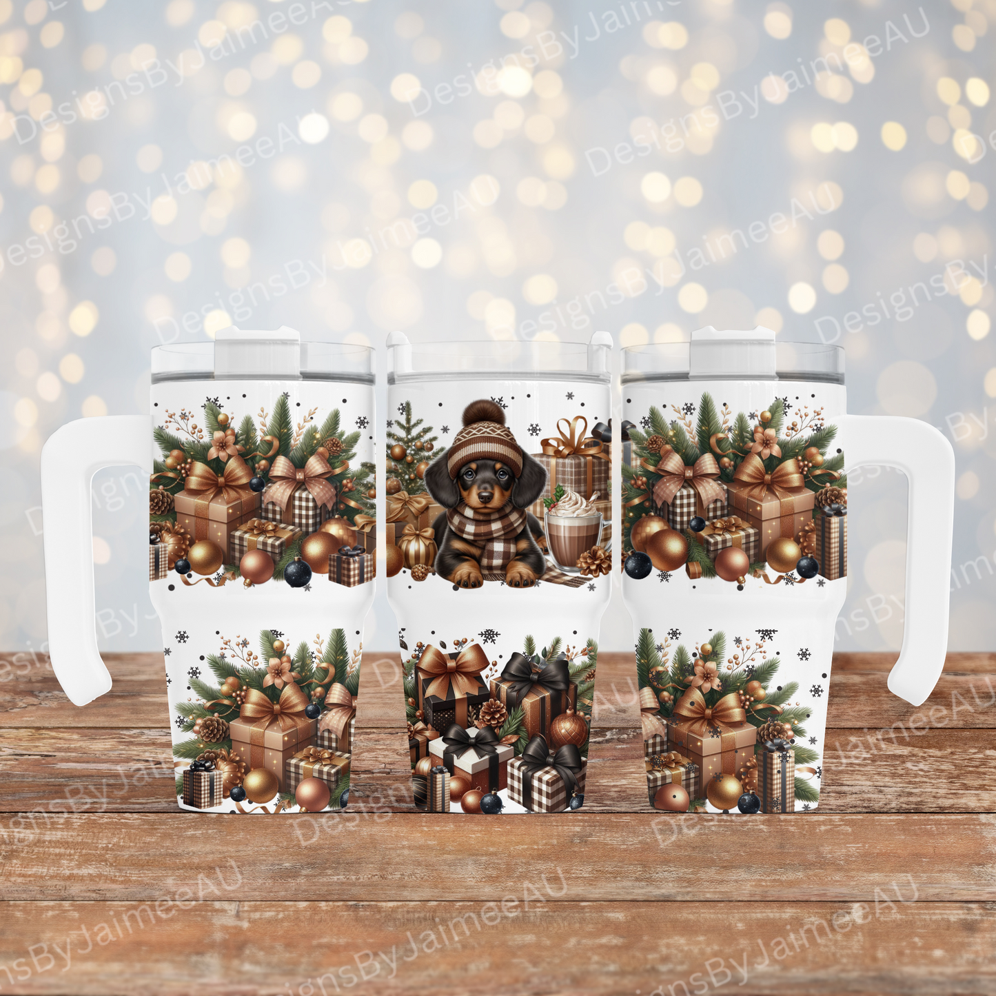 Copper and Black Christmas Dachshund - Digital 20oz Tumbler with Handle Wrap Design