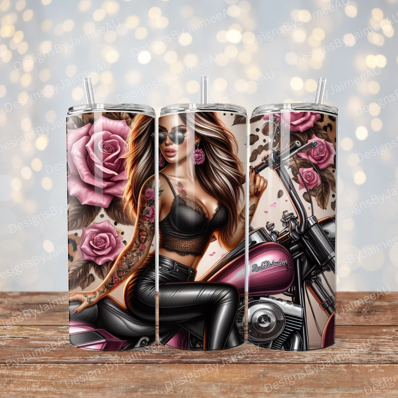 Pink Biker Chick, Roses, Harley Davidson, Leopard Print Digital 20oz Sublimation Tumbler Wrap