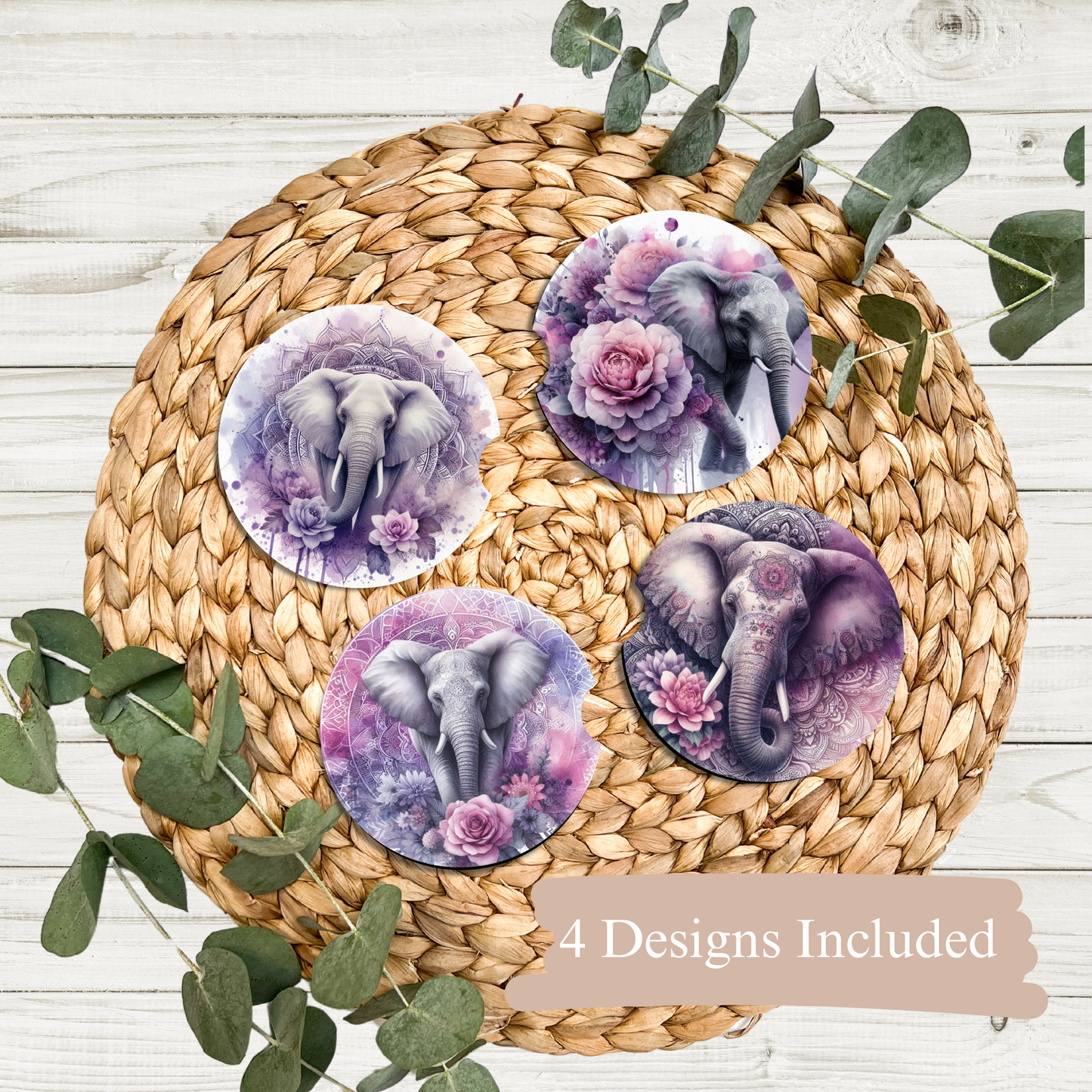 4 Watercolour Purple Elephant Digital Sublimation Car Coaster Designs