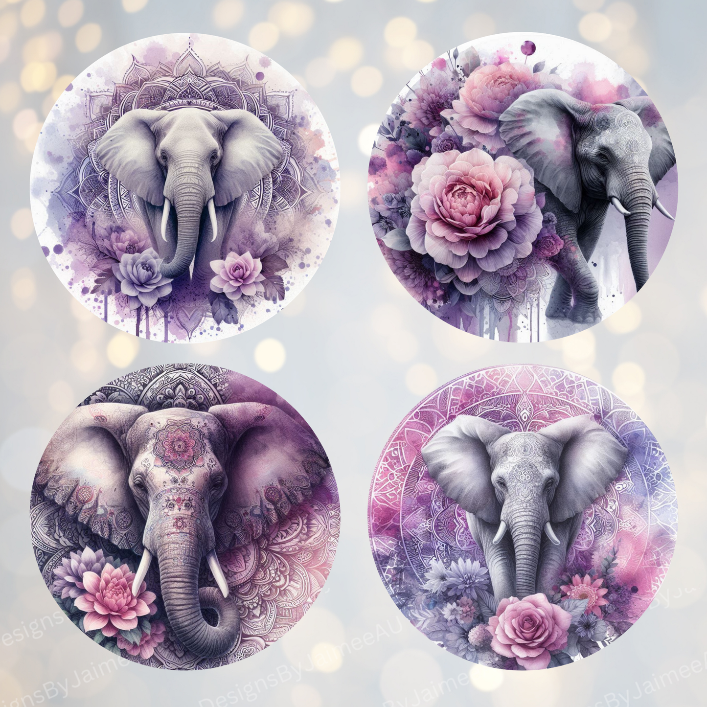 4 Watercolour Purple Elephant Digital Sublimation Car Coaster Designs