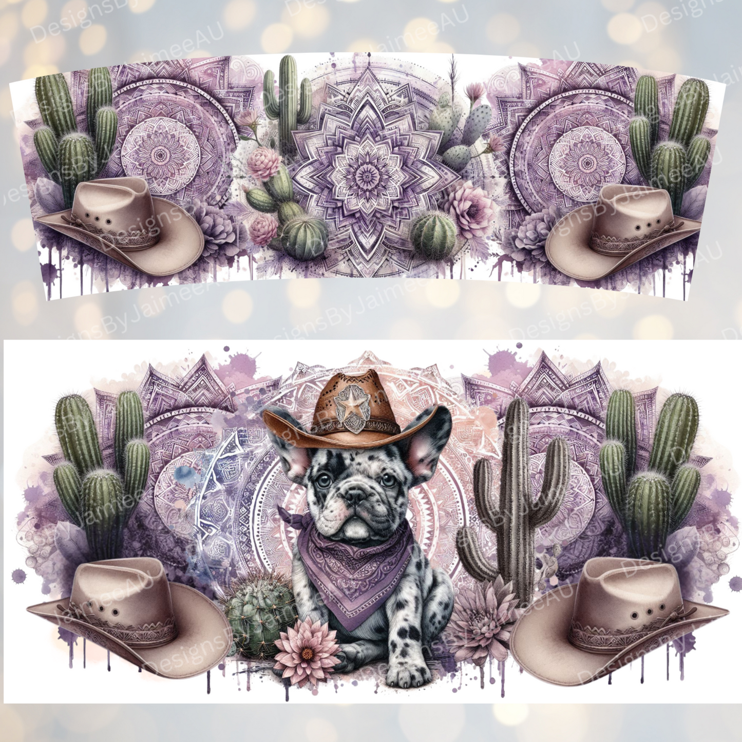 Purple Country/Western Themed Frenchie 40oz Digital Sublimation Tumbler Wrap