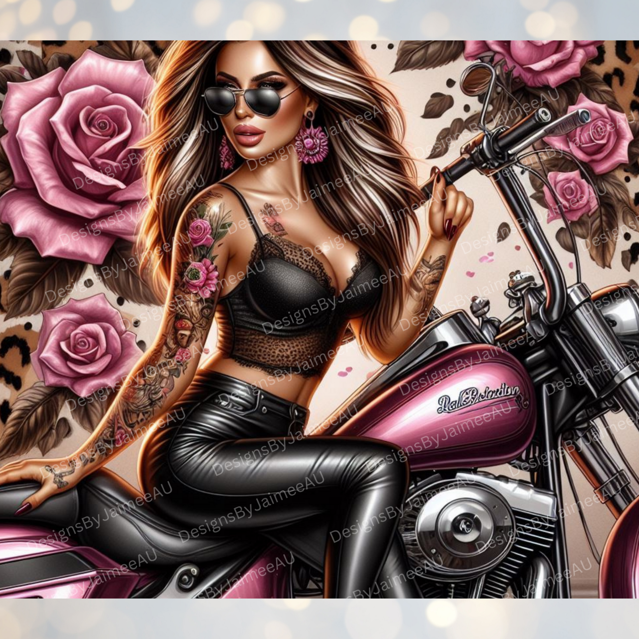 Pink Biker Chick, Roses, Harley Davidson, Leopard Print Digital 20oz Sublimation Tumbler Wrap