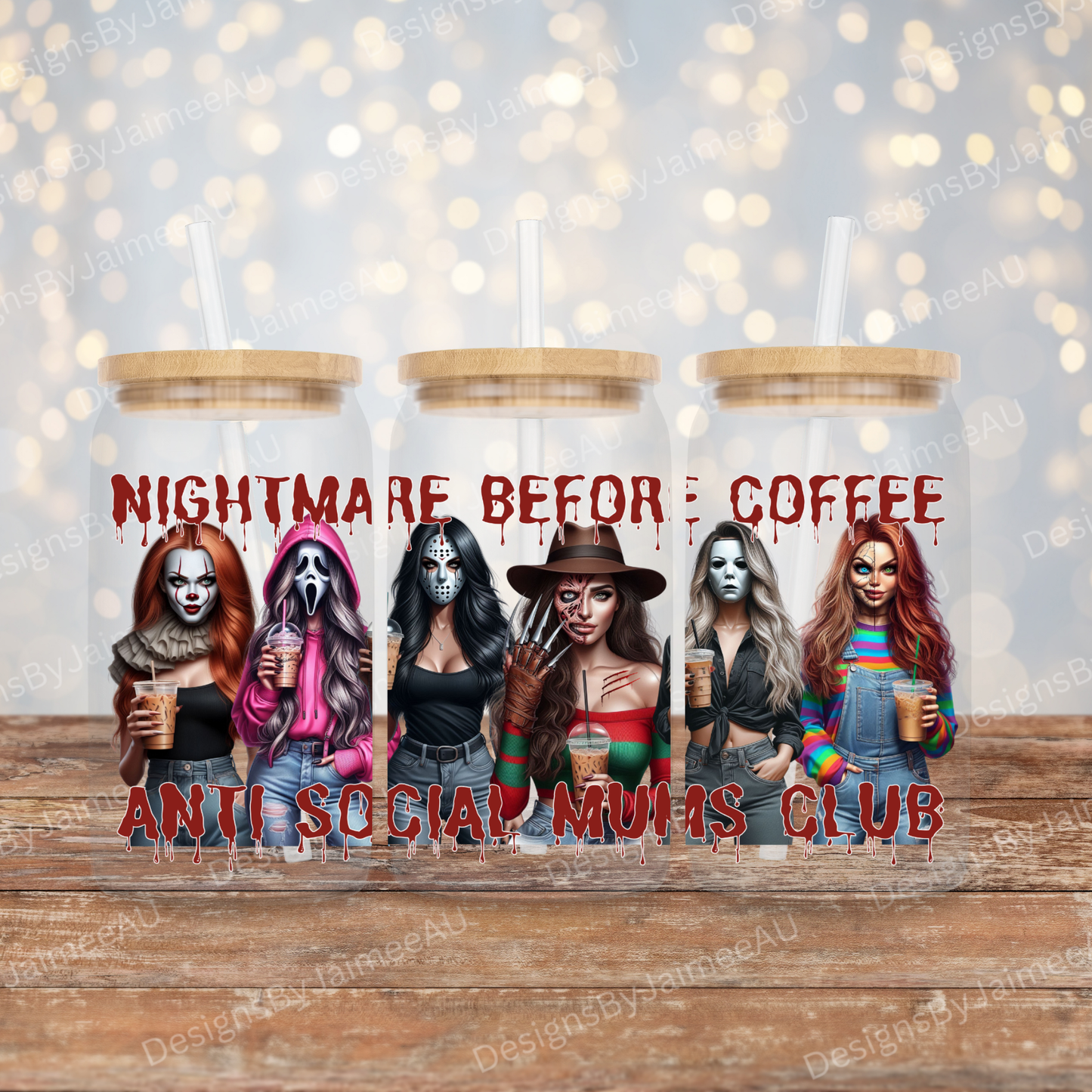 "Nightmare Before Coffee" - Antisocial MUMS/MOMS Club - Horror Movie Characters Inspired Digital 16oz UV DTF Transfer Wrap PNG Image