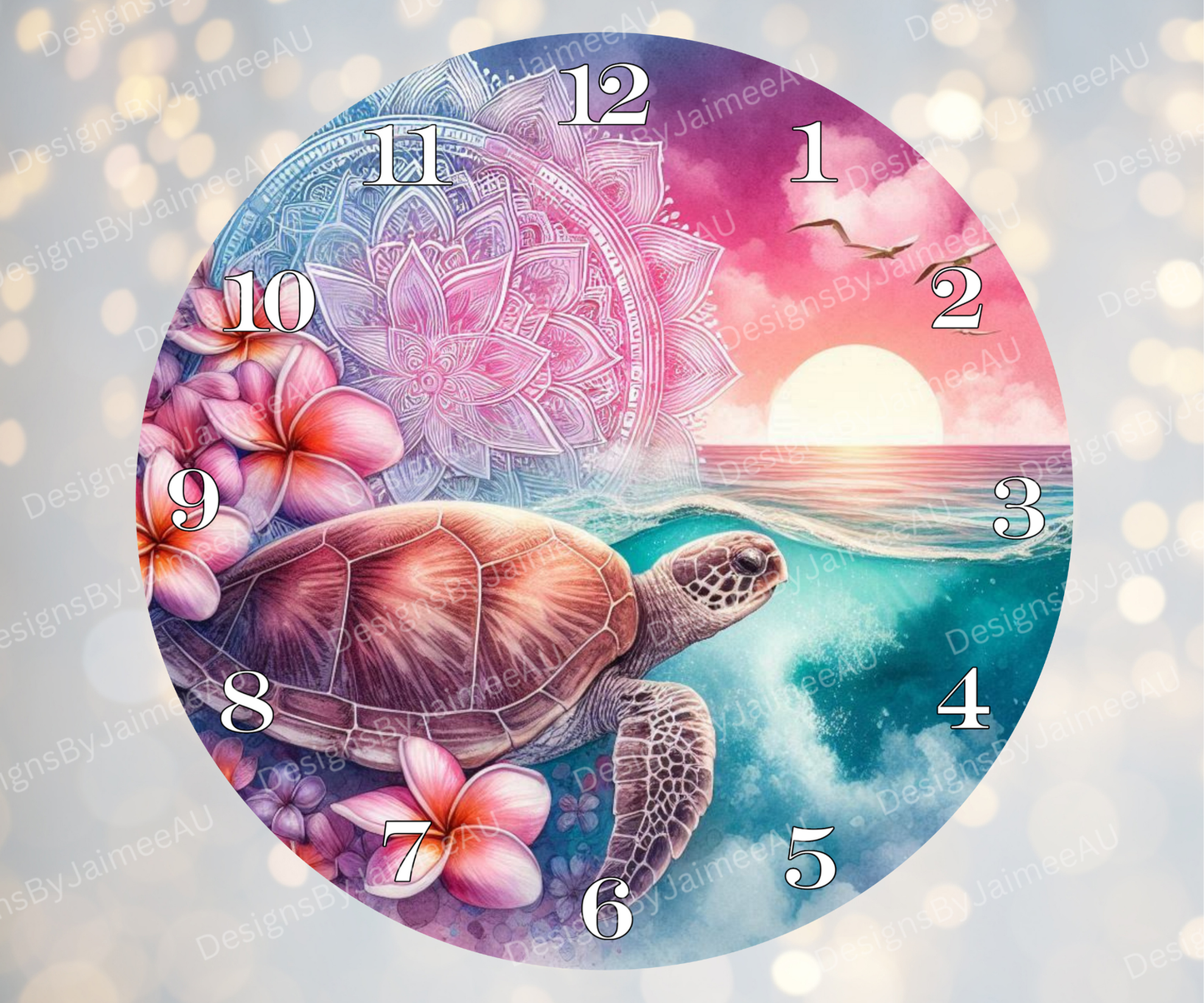 Pink and Aqua Sunset Turtles #3 Digital Sublimation Clock Design
