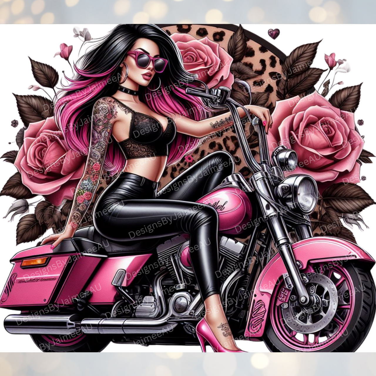 Leopard Print and Pink Roses, Biker Chick on a Pink Harley Davidson Digital 20oz Sublimation Tumbler Wrap