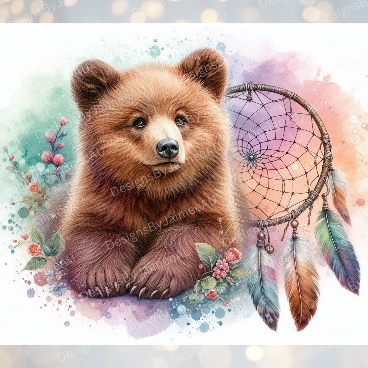Pastel watercolour Baby Bear with Dream Catcher Digital 20oz Sublimation Tumbler Wrap