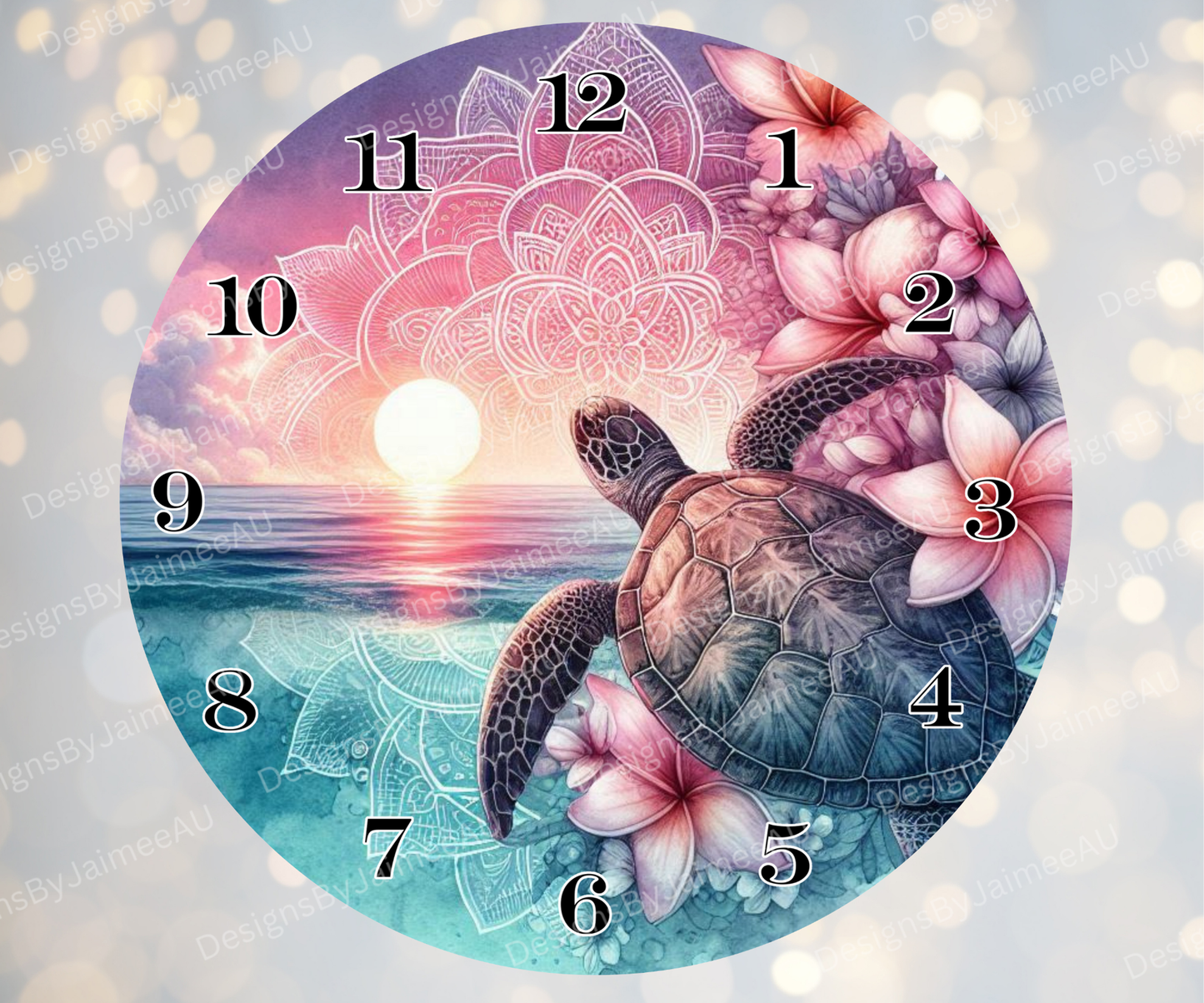 Pink and Aqua Sunset Turtles #5 Digital Sublimation Clock Design