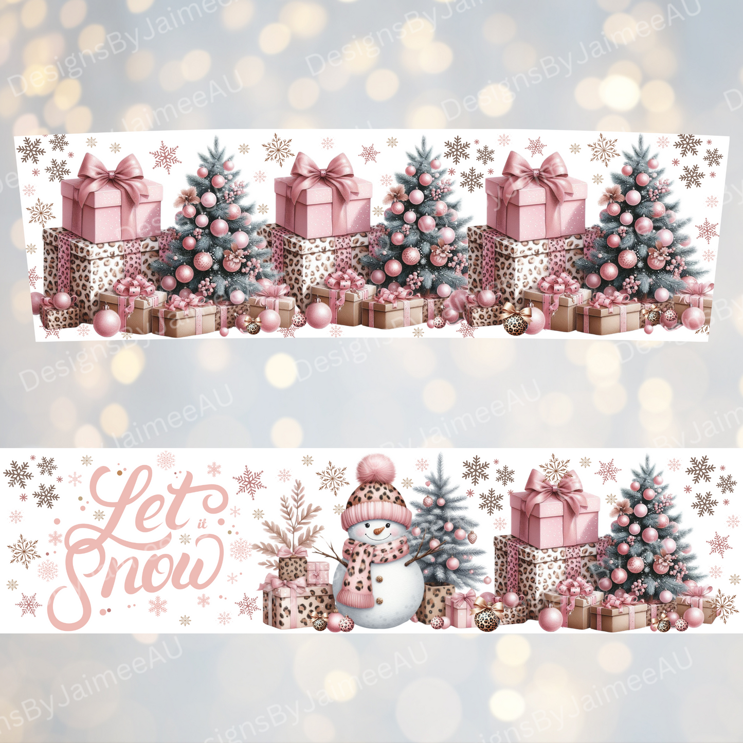 Pink "Let It Snow" Leopard Print Christmas Snowman - Digital 20oz Tumbler with Handle Wrap Design
