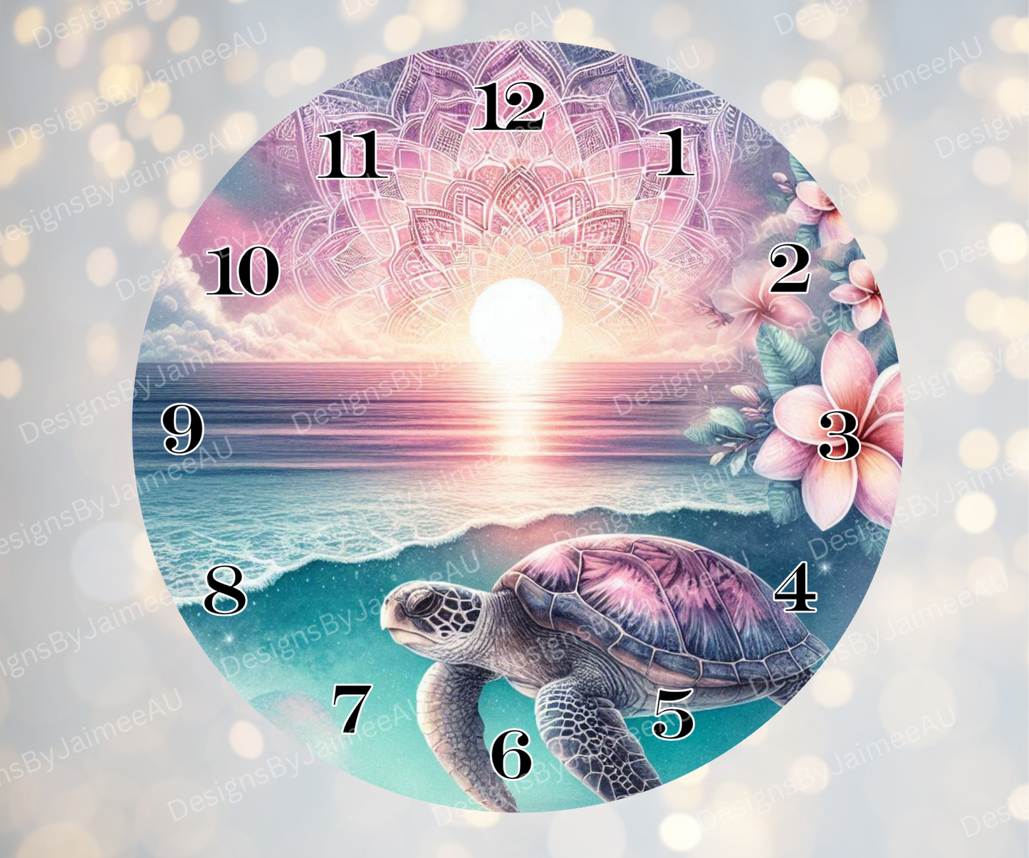 Pink and Aqua Sunset Turtles #4 Digital Sublimation Clock Design
