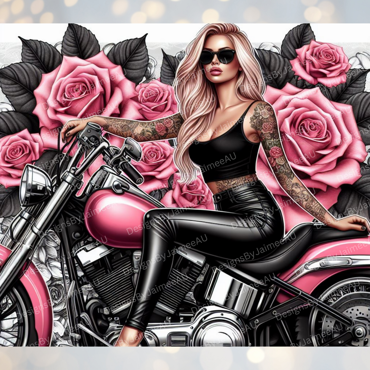 Hot Pink and Black Inked Biker Chick, Harley Davidson and Roses Digital 20oz Sublimation Tumbler Wrap