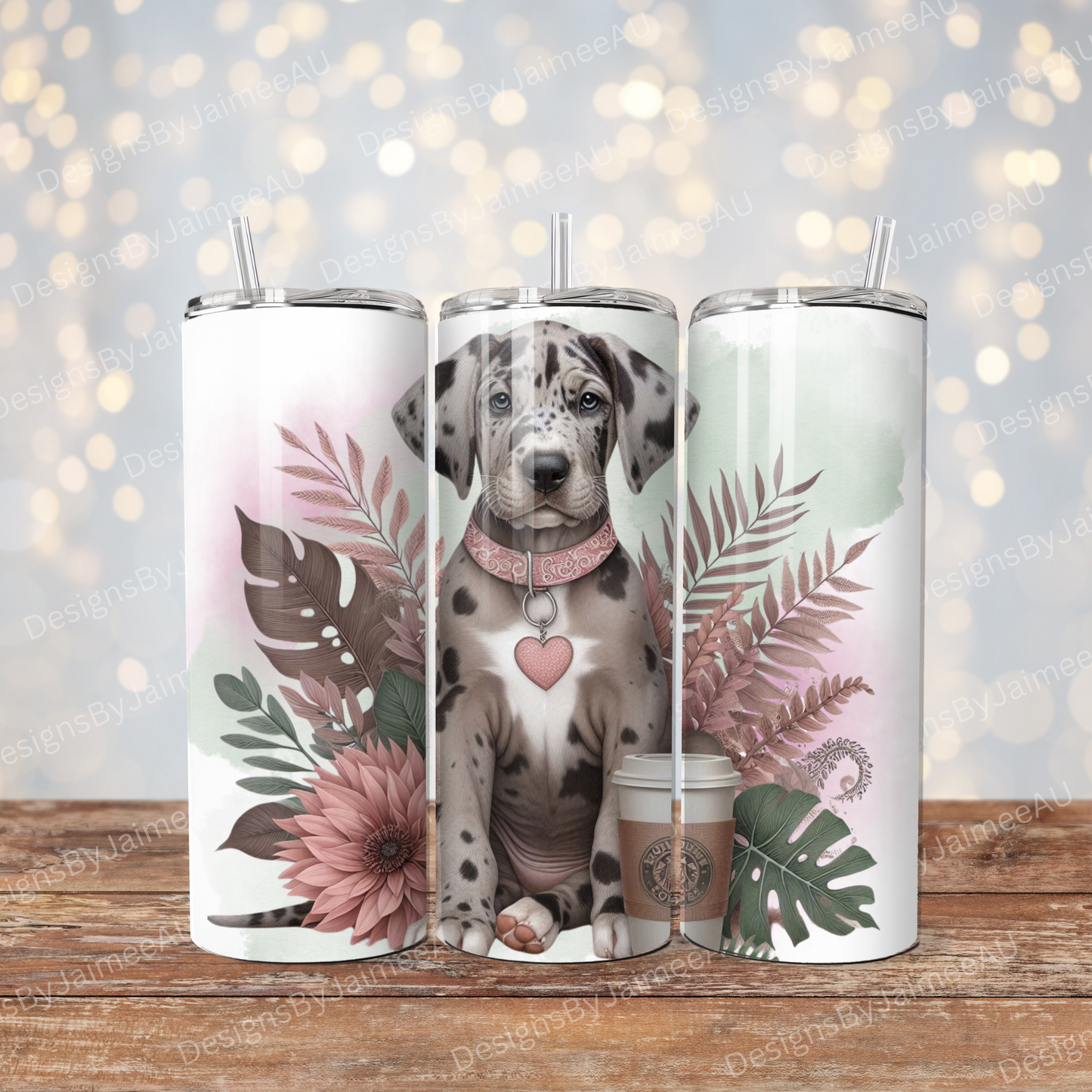 Merle Great Dane, Watercolour Dusty Pinks and Browns Tropical Vibe Digital 20oz Sublimation Tumbler Wrap