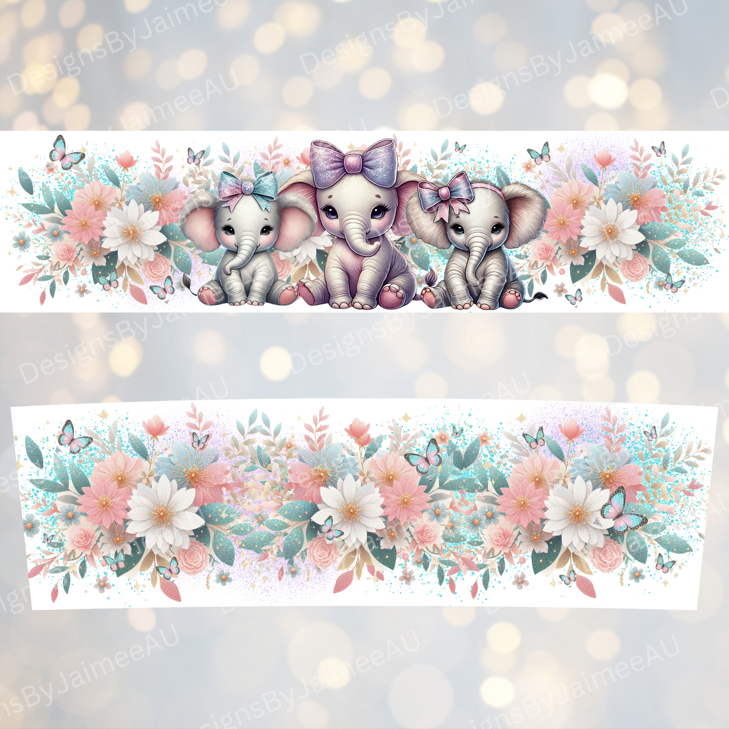 Glittery Pastel Floral Elephants - Digital 20oz Tumbler with Handle Wrap Design
