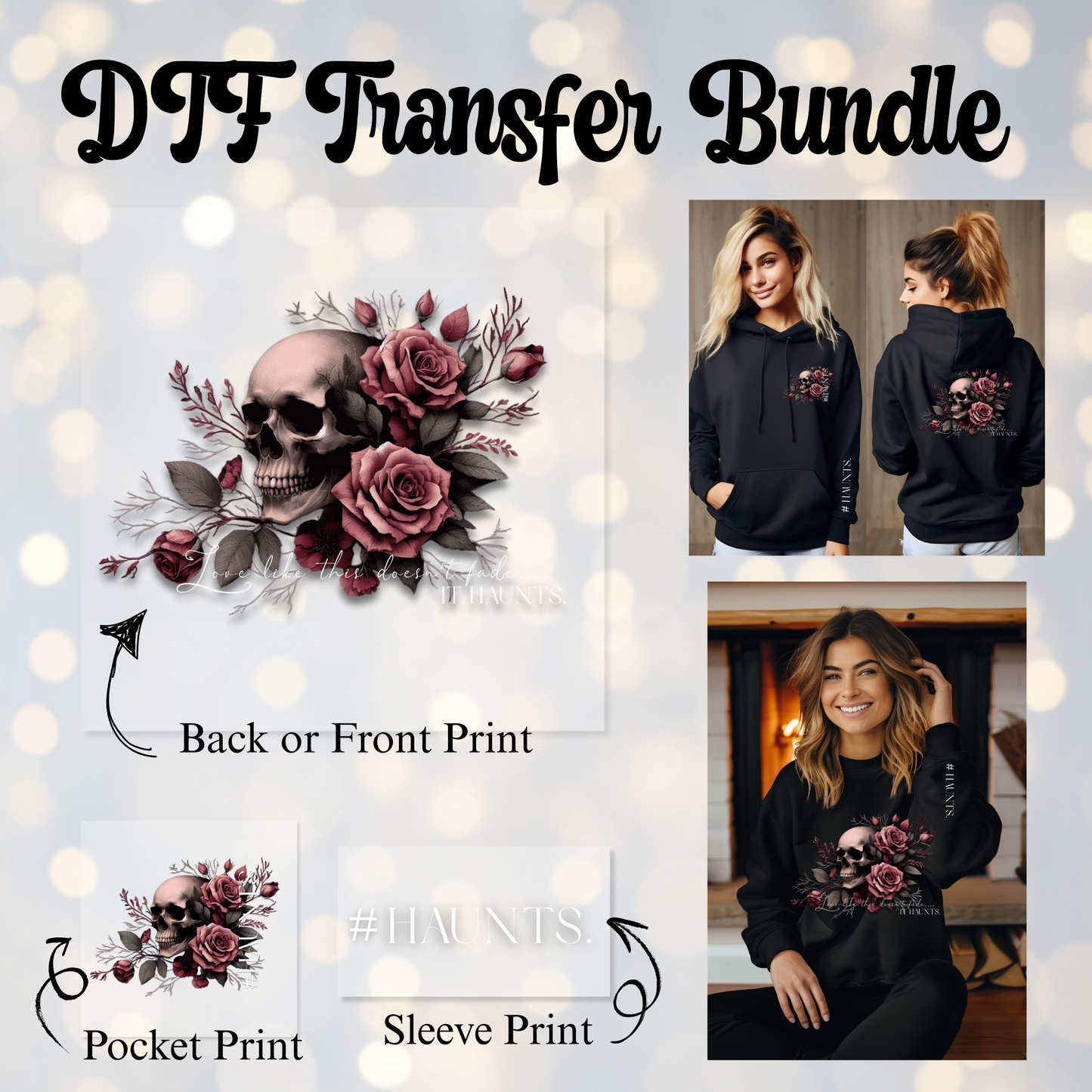 DTF Transfer Bundle – "Haunts" | Main + Pocket + Sleeve Print