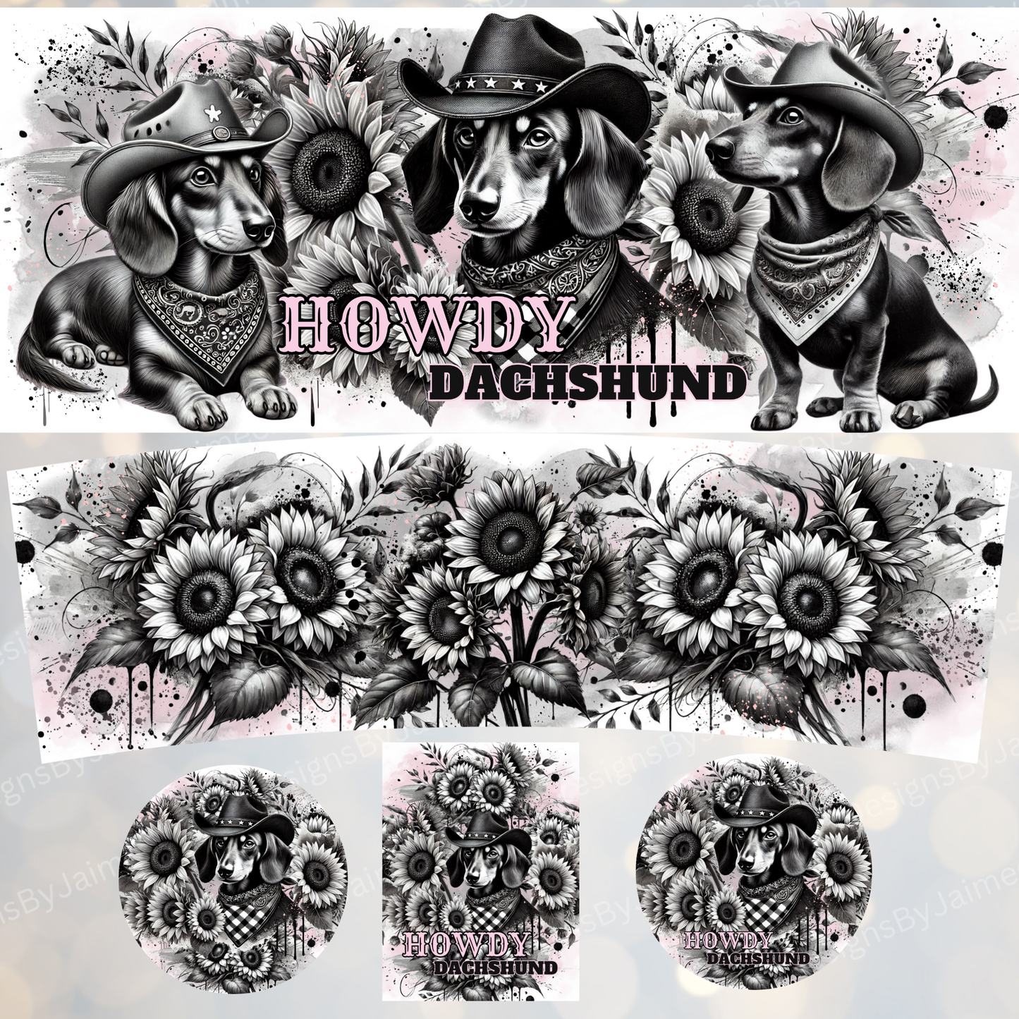 Howdy Dachshund - Pink and Black - Set (Includes Car Coaster and Air Freshener Designs) - Digital 30oz Sublimation Tumbler Wrap