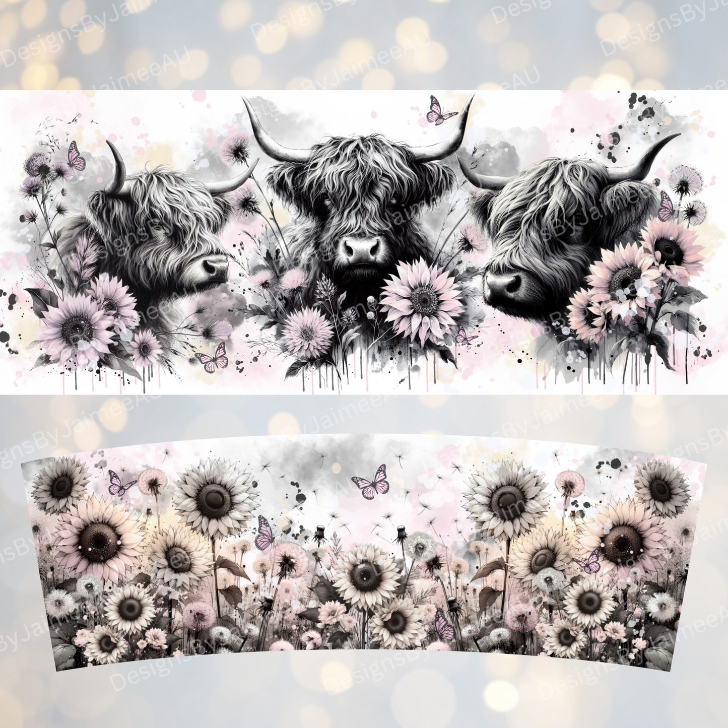 Black and White Highland Cows, Pops of Pink Watercolours - 40oz Digital Sublimation FULL Tumbler Wrap