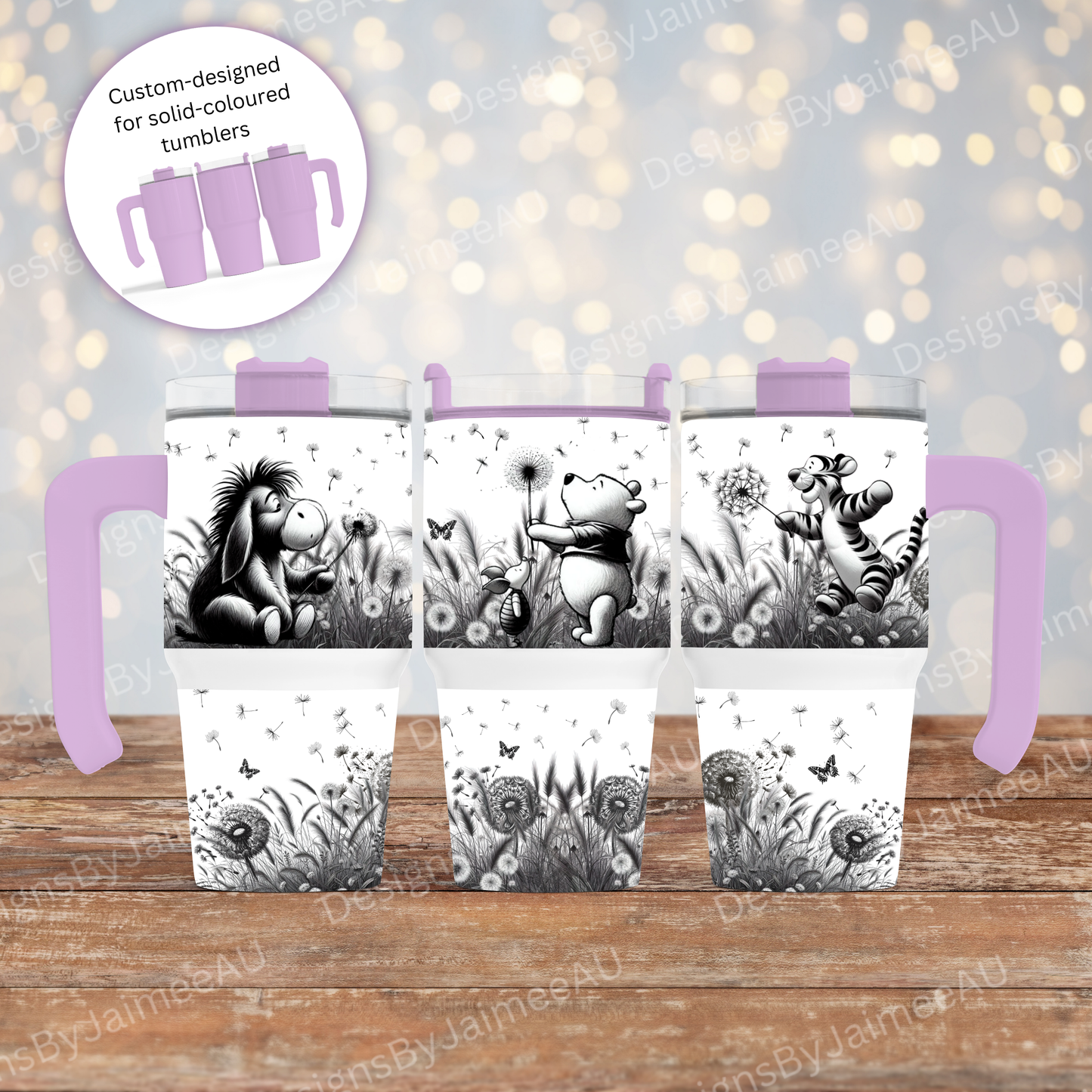 Dandelions - Winnie The Pooh and Friends -Black and White Line Drawing- Digital 20oz Tumbler with Handle Wrap Design