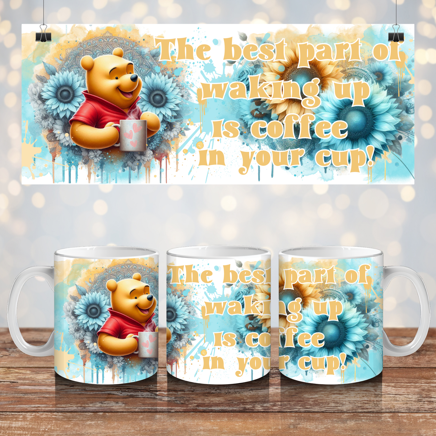 Blue Watercolour and Sunflowers- Winnie The Pooh - Digital 11oz Sublimation Coffee Mug Design
