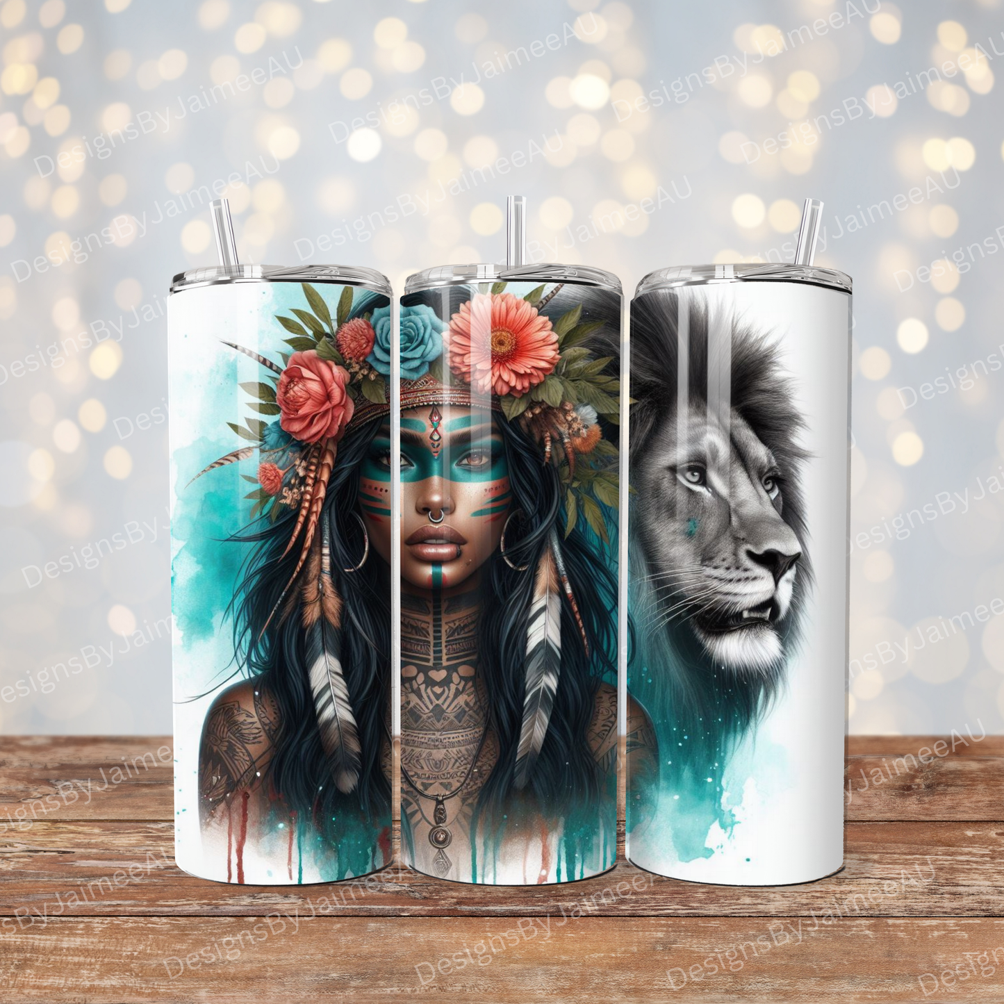 Turquoise Warrior Woman, Lion and Flower Crown Digital 20oz Sublimation Tumbler Wrap
