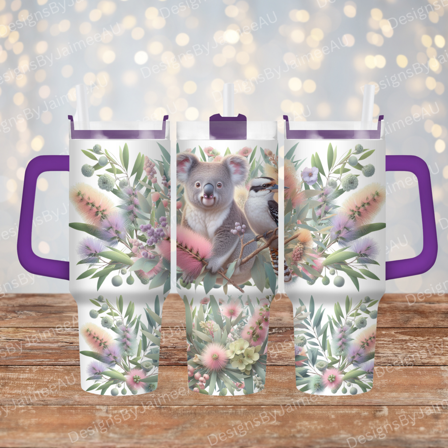 Koala and Kookaburra with Pastel Purple Australian Native Flowers 40oz Digital Sublimation Tumbler Wrap