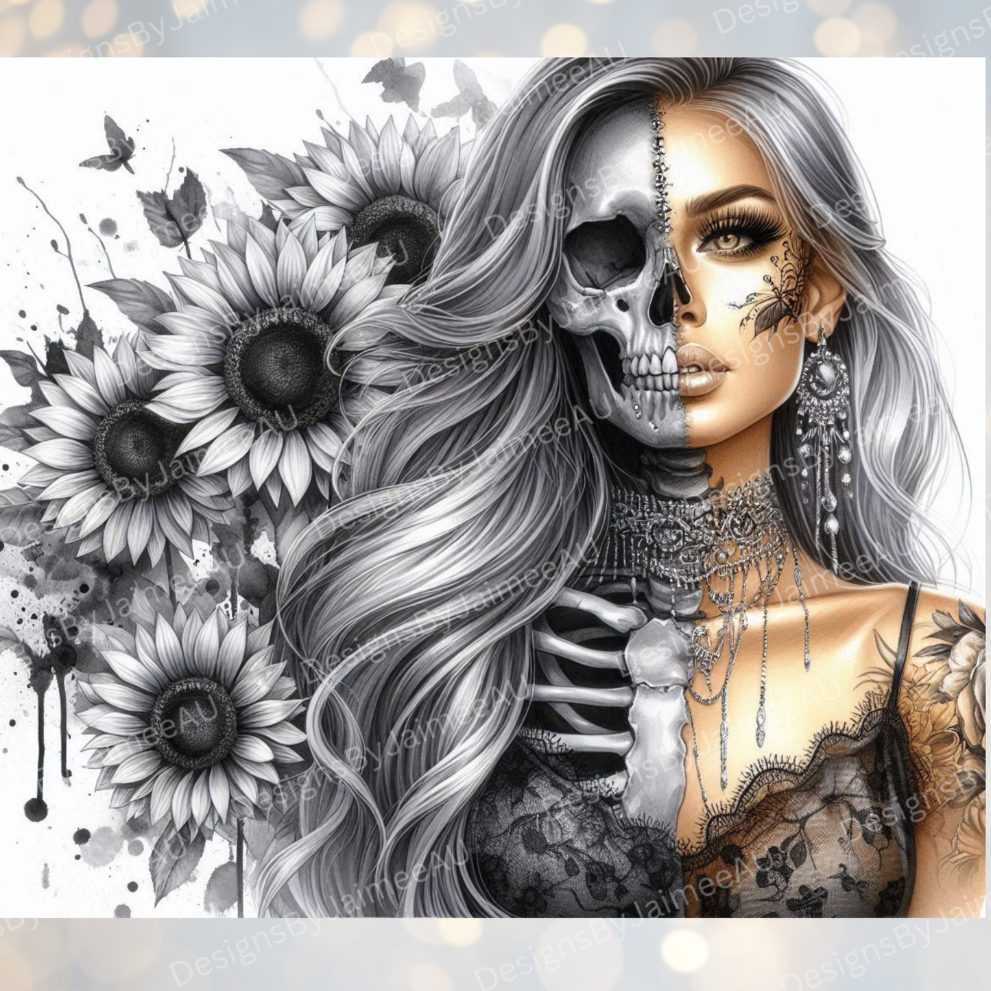 Black and White Sunflowers-Watercolour Skeleton Woman Digital 20oz Sublimation Tumbler Wrap